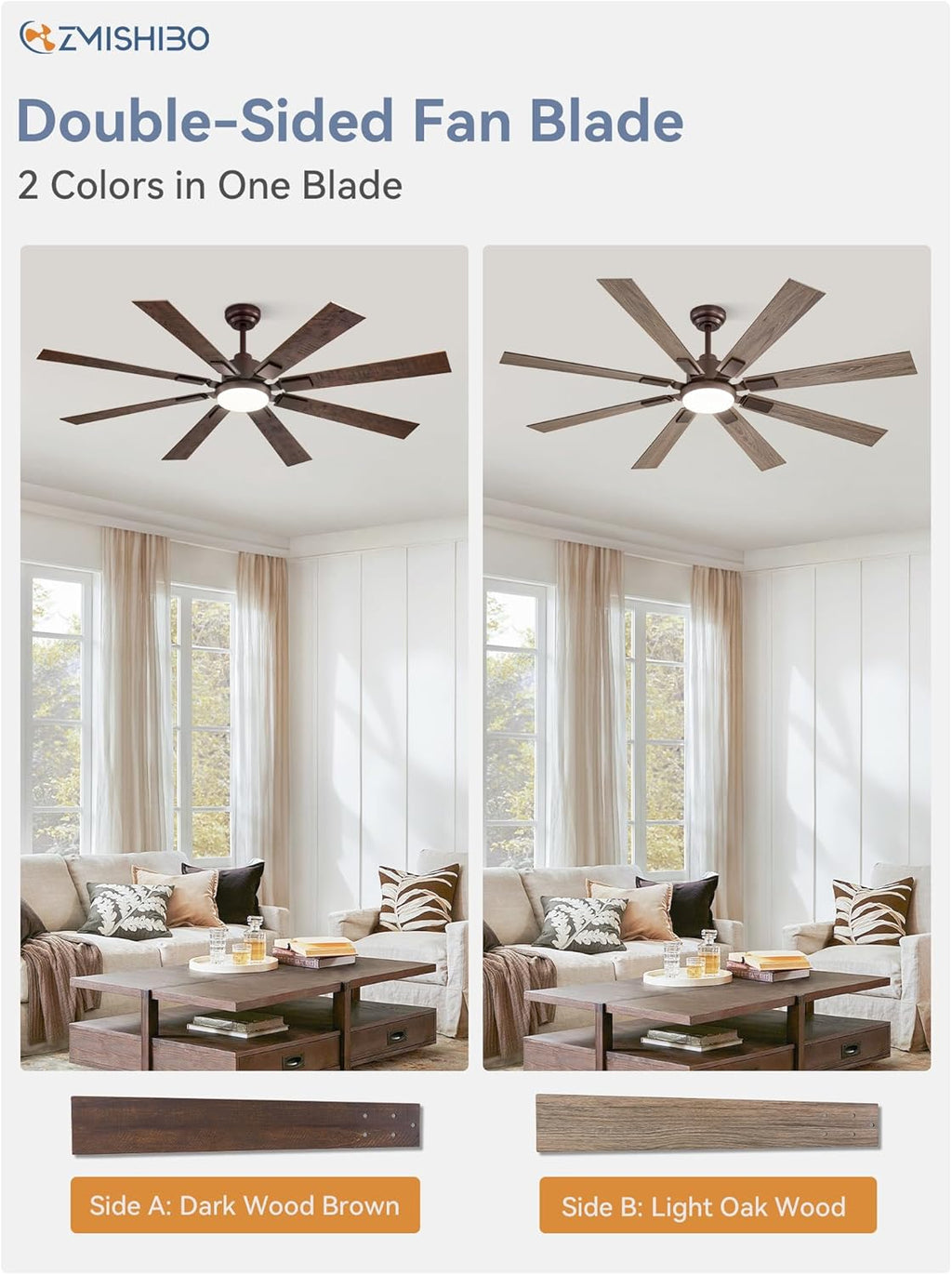 ZMISHIBO 72 inch Large Ceiling Fans with Lights and Remote, Indoor/Outdoor Black Modern Ceiling Fan for Kitchen Living Room Patio, 6 Speed Reversible Quiet DC Motor, 3 CCT, Dual Finish 8 Blades wourant