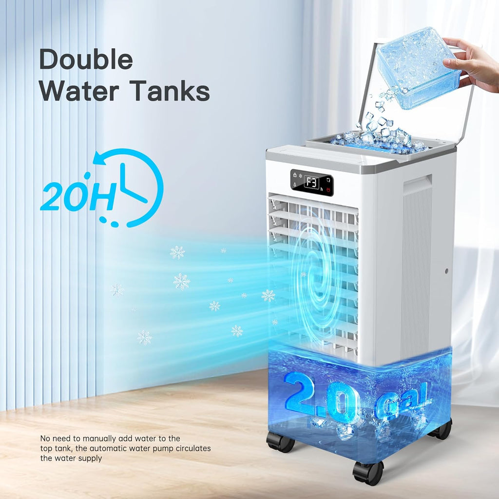 Windowless Portable Air Conditioners, Evaporative Air Cooler w/3 Modes & 3 Speeds, 12H Timer for Smart Auto-off, 2-Gal Tank for 20H Cooling,16FT Remote,No Hose Needed,46db Swamp Cooler wourant