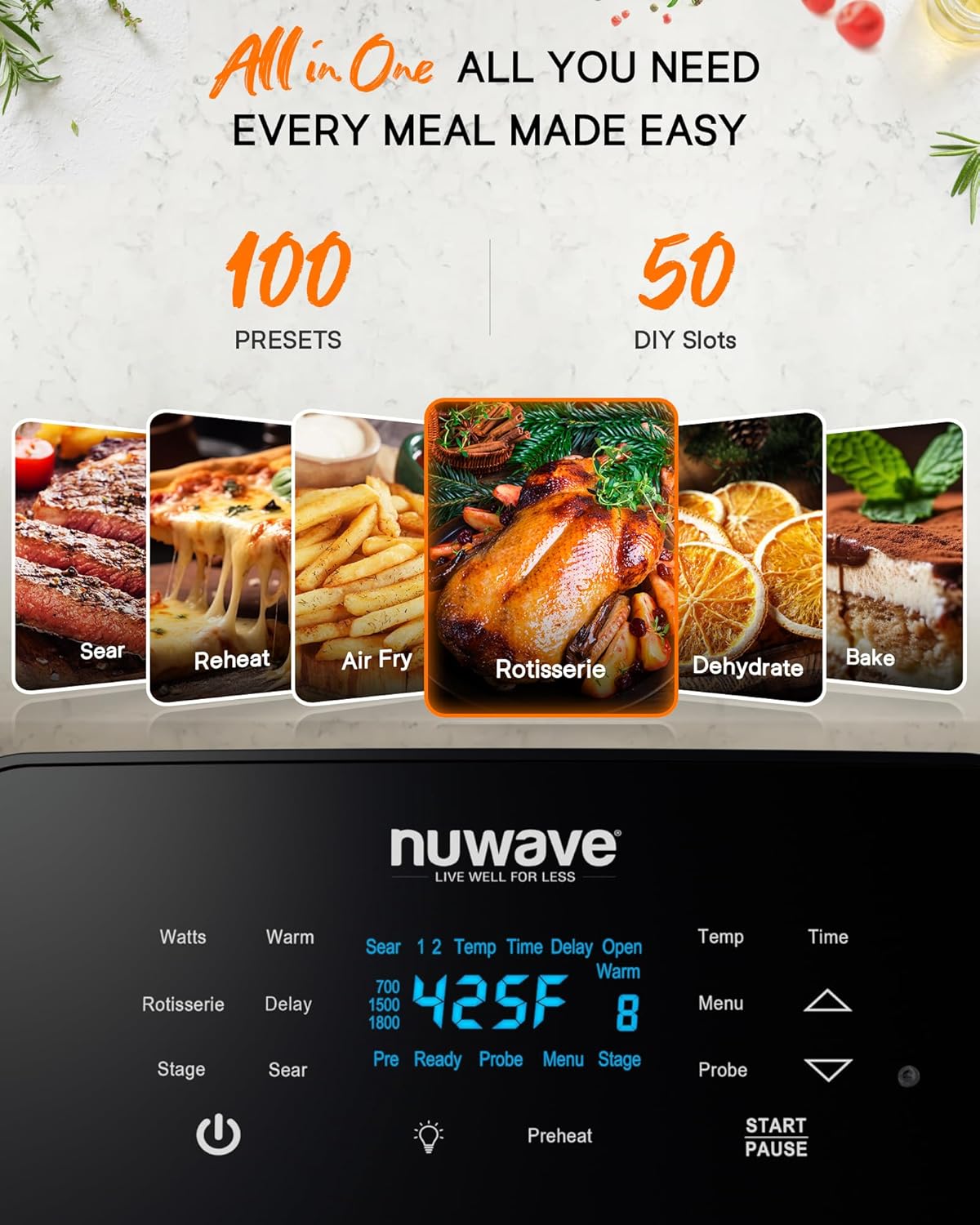 Nuwave Brio 15.5Qt Air Fryer & Broiler with 50°-425°F Temperature Control, 100 Presets and 50 Memory, Integrated Smart Thermometer, and Linear T Technology wourant