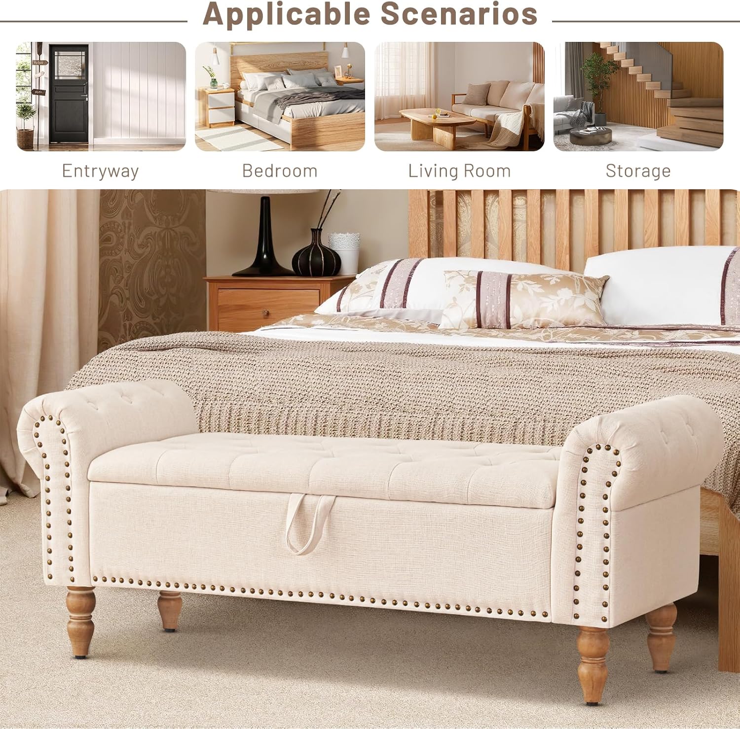Furniliving Modern Storage Ottoman Bench, Sherpa Ottoman End of Bed Bench with Solid Wood Legs Upholstered Ottoman Benches with Storage Indoor Bench wourant