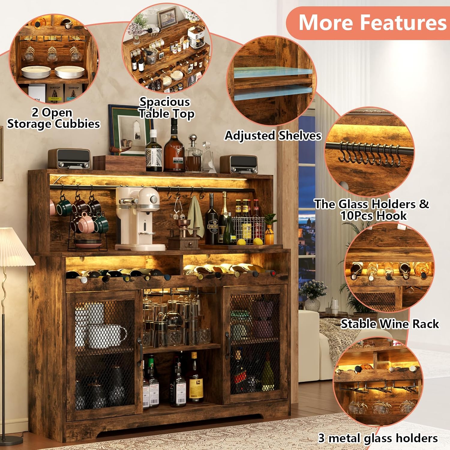 Wine Bar Cabinet with LED Light, Liquor Cabinet with Glass Holder, Coffee Bar for Liquor, Storage Buffet with Wine Racks, Wine Cabinet wourant