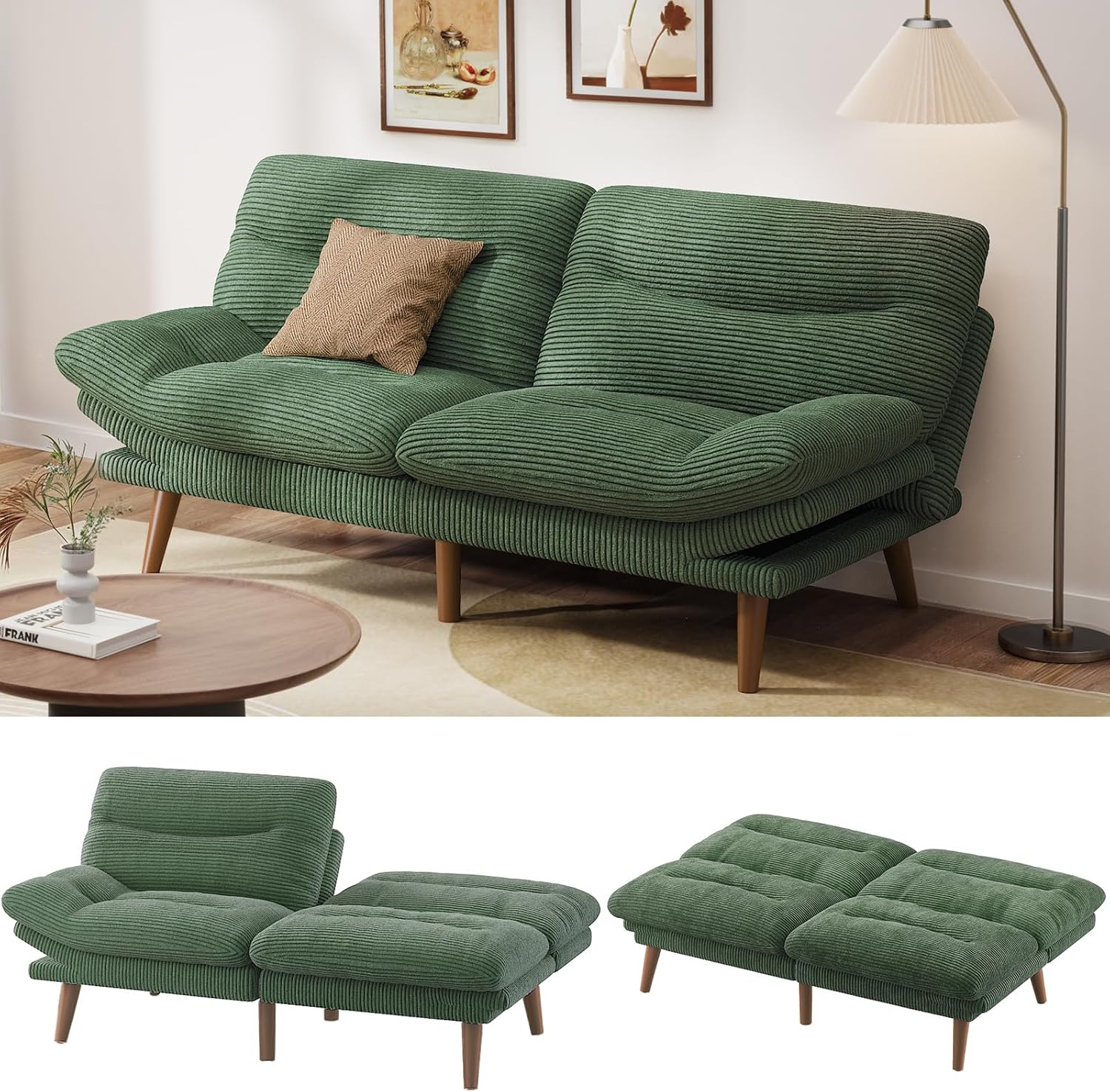 Convertible Futon Sofa Bed, 66 Inch Corduroy Futon Sofa Recliner Sofa Bed for Small Spaces, Playrooms or Offices wourant