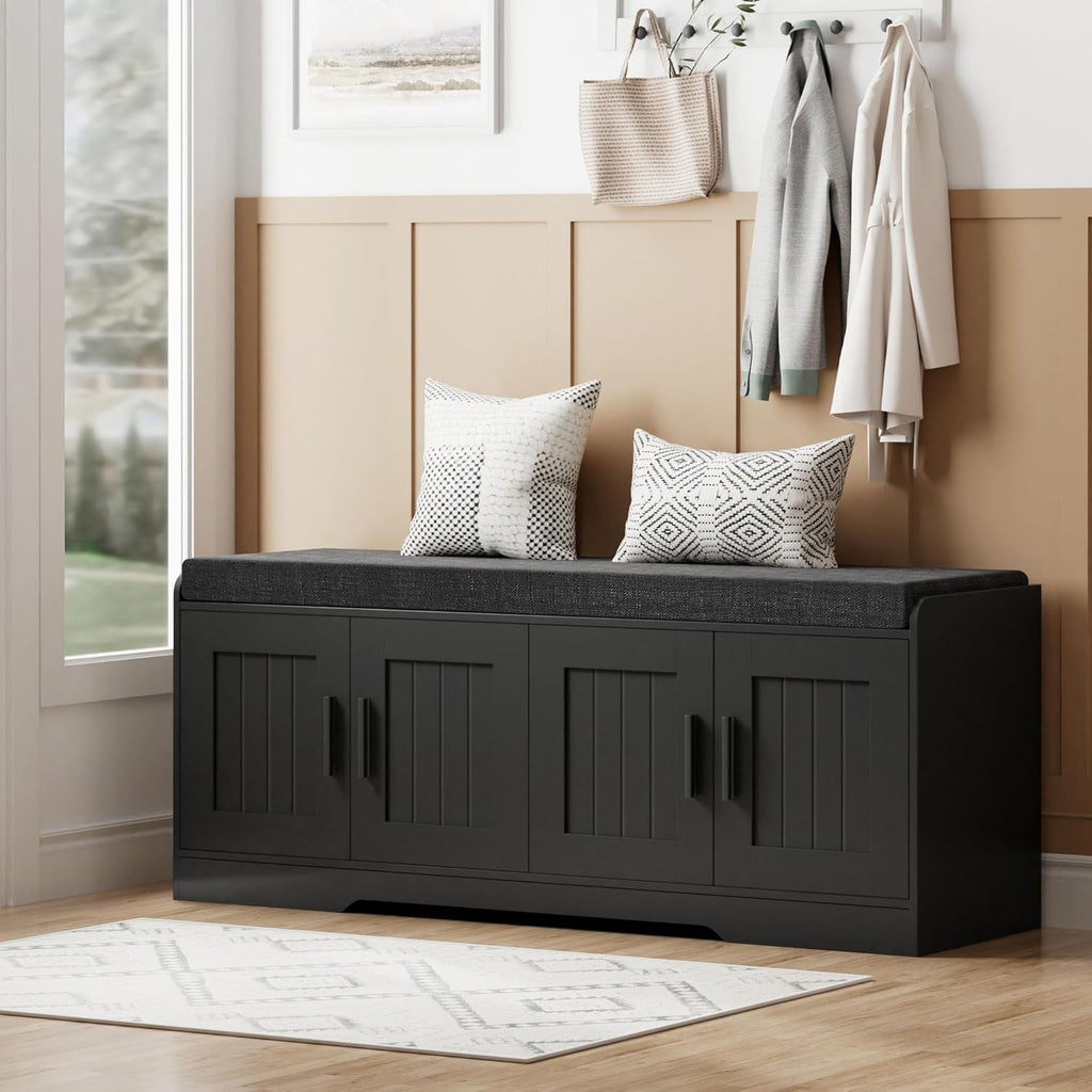2-Tier Storage Bench, Shoe Bench with Thickened Padded Seat Cushion, Entryway Bench with 4 Doors, Adjustable Shelf, 13.8" D x 45.3" W x 18.5" H, for Entryway, Living Room, Bedroom, White wourant