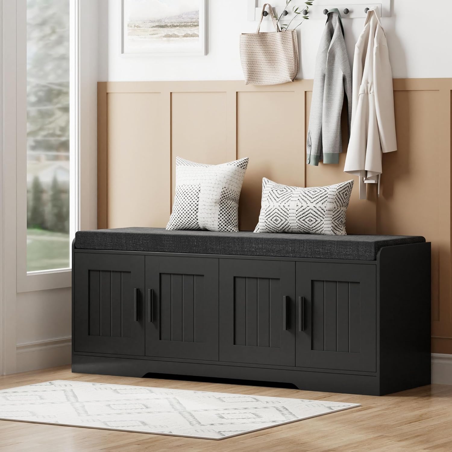 2-Tier Storage Bench, Shoe Bench with Thickened Padded Seat Cushion, Entryway Bench with 4 Doors, Adjustable Shelf, 13.8" D x 45.3" W x 18.5" H, for Entryway, Living Room, Bedroom, White wourant