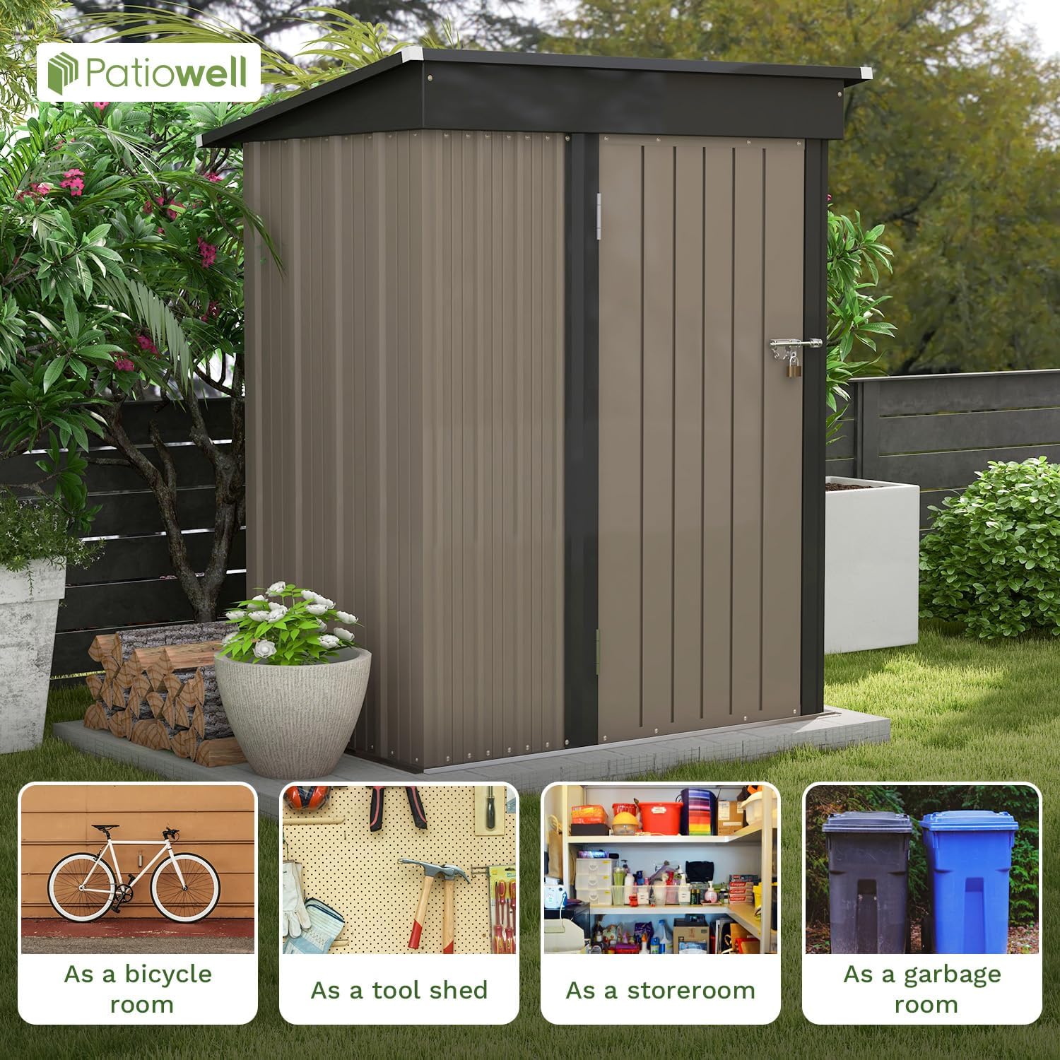 Patiowell 5x3 FT Outdoor Storage Shed Tool Shed with Sloping Roof and Lockable Door Metal Shed wourant