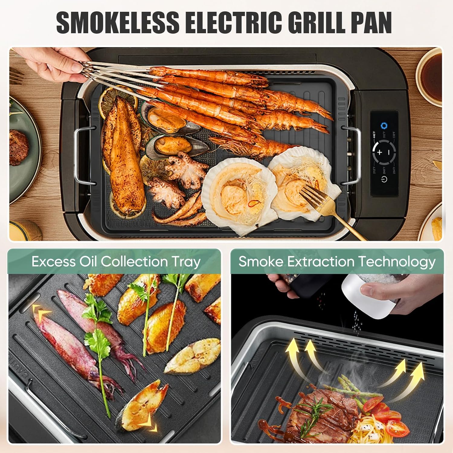 Smokeless Indoor Grill, Electric Indoor Grill for Korean BBQ with Dual-Turbo Smoke Extractor, LED Smart Display & Dual-Zone Nonstick Grill Plates, 6-Level Temp Control, Dishwasher Safe woonhhop