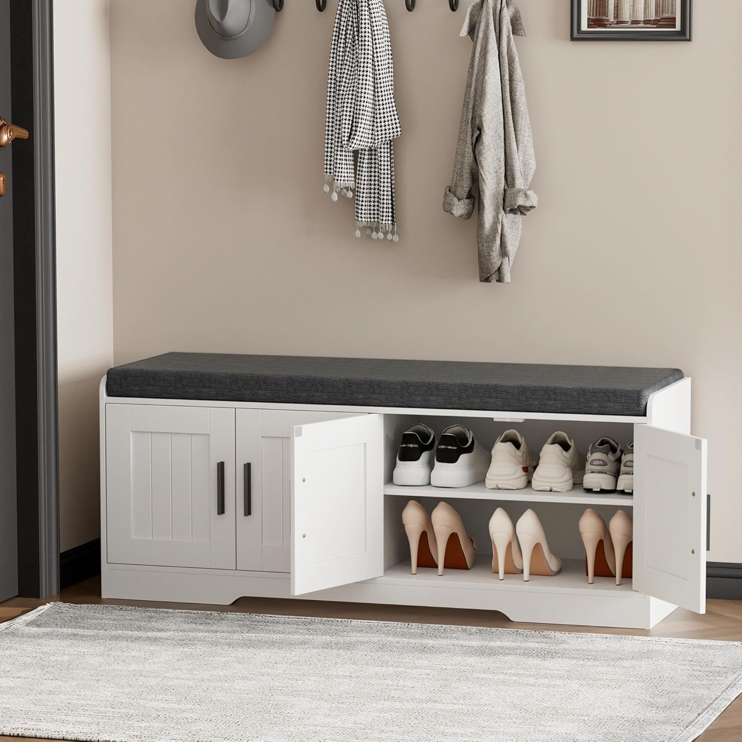2-Tier Storage Bench, Shoe Bench with Thickened Padded Seat Cushion, Entryway Bench with 4 Doors, Adjustable Shelf, 13.8" D x 45.3" W x 18.5" H, for Entryway, Living Room, Bedroom, White wourant
