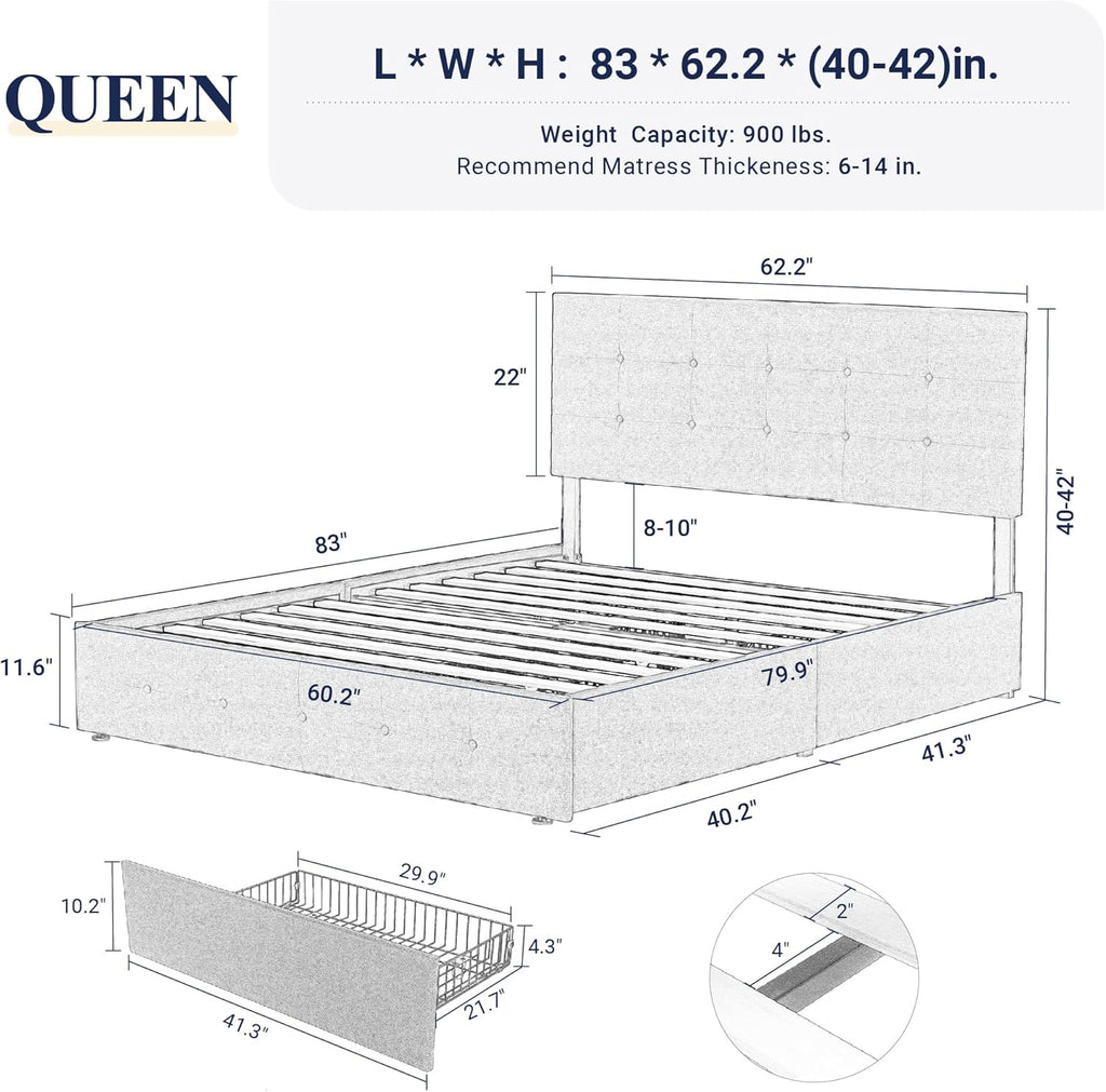 Allewie Upholstered Queen Size Platform Bed Frame with 4 Storage Drawers and Headboard wourant