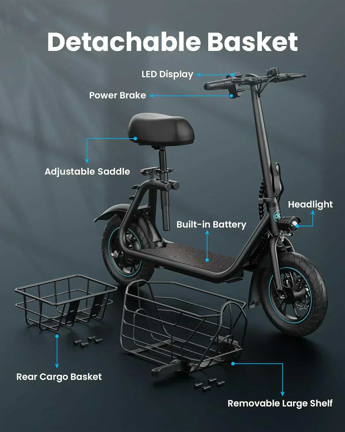 Gyroor Adult Electric Scooter with Large Center Basket 20 Mile Range Foldable and Seat wourant