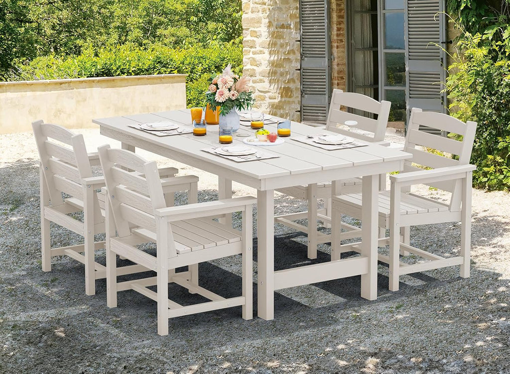 Outdoor HDPE Dining Table Set, 7-Piece Outdoor Dining Table Sets with Umbrella Hole Cut-Out Table and 6 Chairs wourant