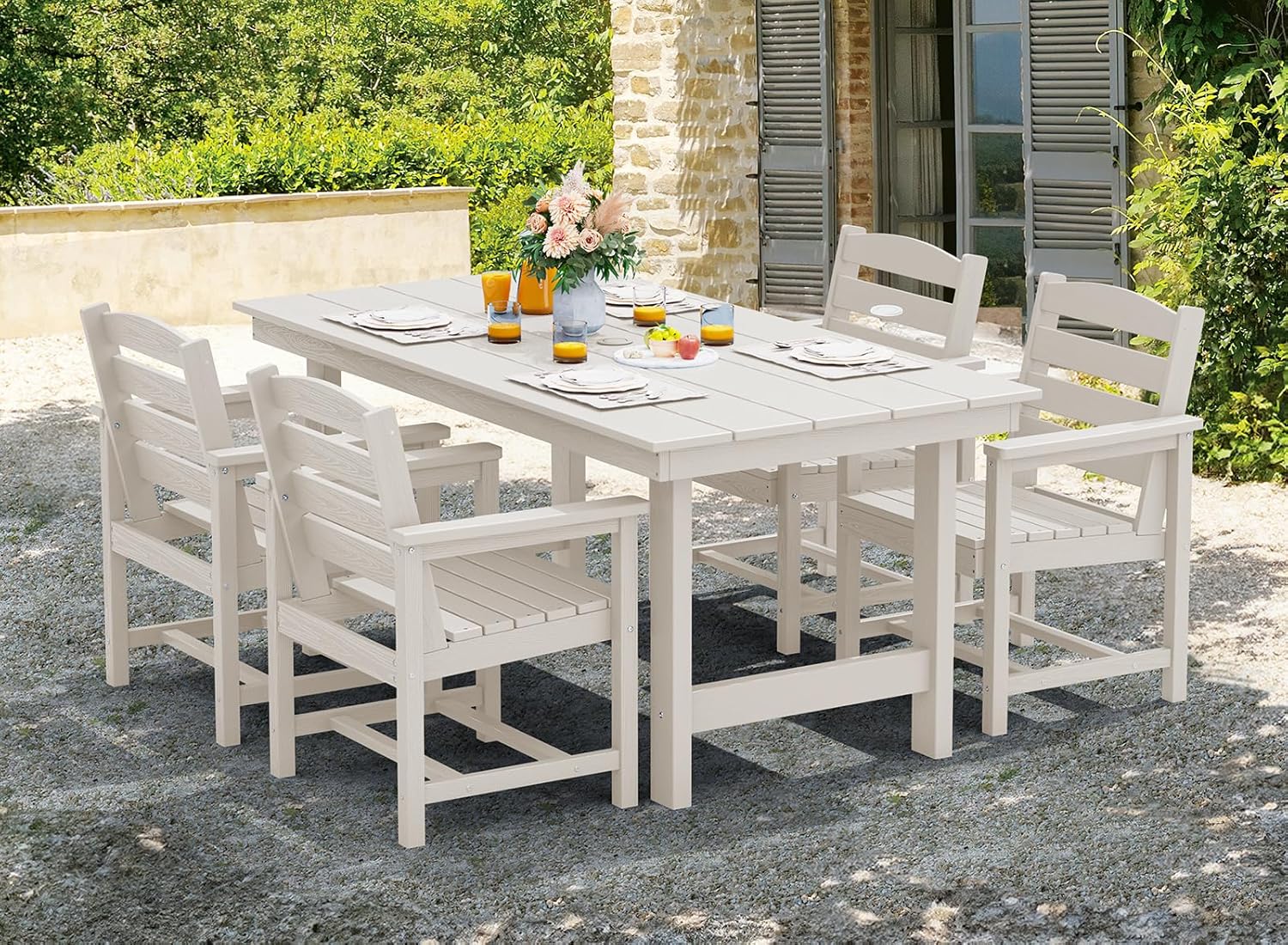 Outdoor HDPE Dining Table Set, 7-Piece Outdoor Dining Table Sets with Umbrella Hole Cut-Out Table and 6 Chairs wourant