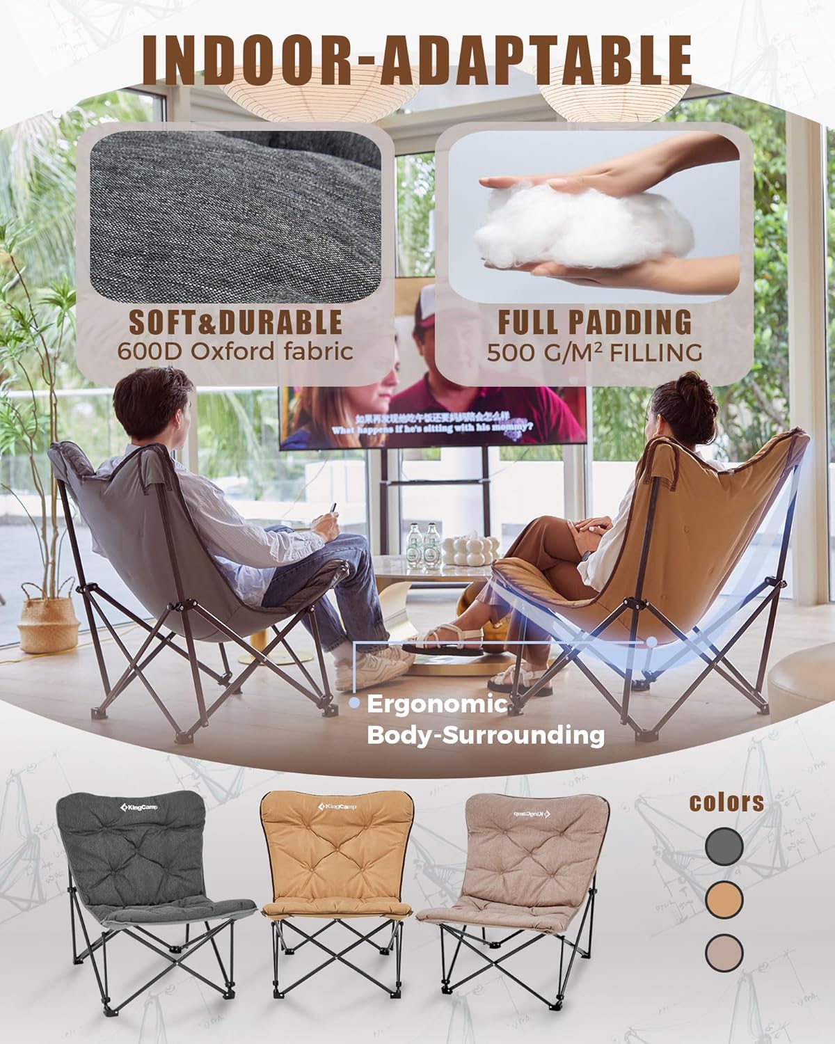 KingCamp Butterfly Chair, Oversized Thick Padded Comfy Camping Chairs Portable Folding Chair 400lbs Heavy Duty Seat with High Backrest & Carry Bag for Outdoor Indoor Patio Lawn Home Living Bed Room wourant