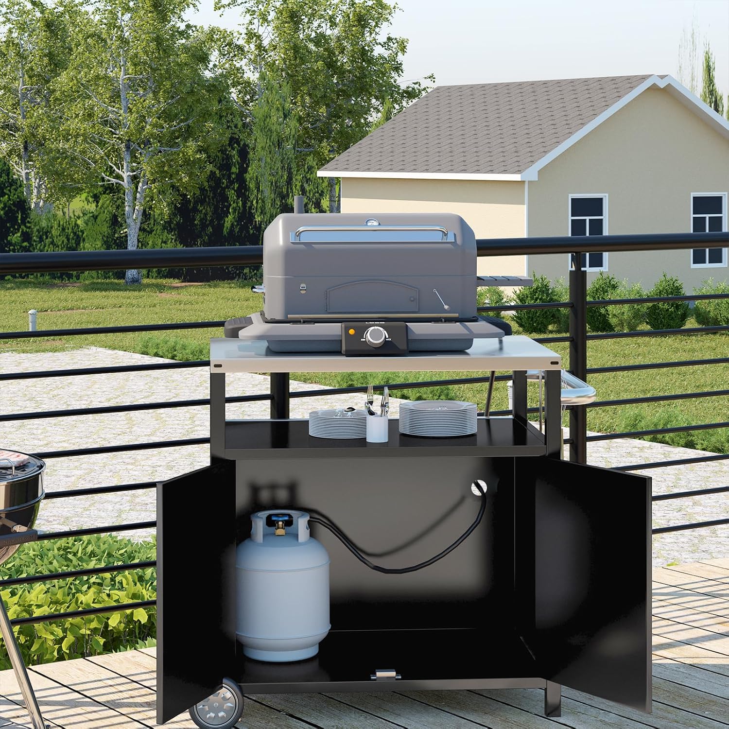 Stainless Steel Outdoor Grill Cart Pizza Oven Stand Trolley Table with Wheels Three-Shelf Movable Food Prep and Work Table Heavy Duty Grill Carts Outdoor Cart 31.5"×24"×35.5" wourant