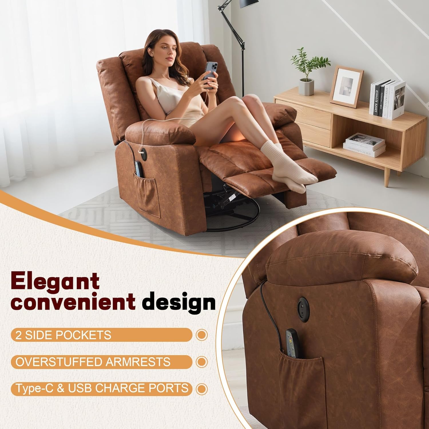 Rocker Recliner, Glider Recliner Chairs for Adults, 360° Swivel Rocking Chair with Massage and Heating, Nursery Chair with Storage and USB Charging for Living Room, Bedroom, Nursery wourant