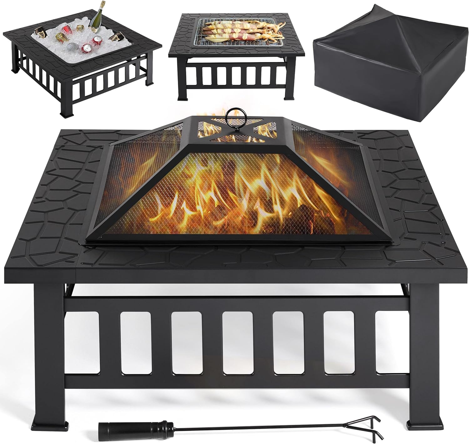 Yaheetech Multifunctional Fire Pit Table 32in Square Metal Firepit Stove Backyard Patio Garden Fireplace for Camping, Outdoor Heating, Bonfire and Picnic wourant