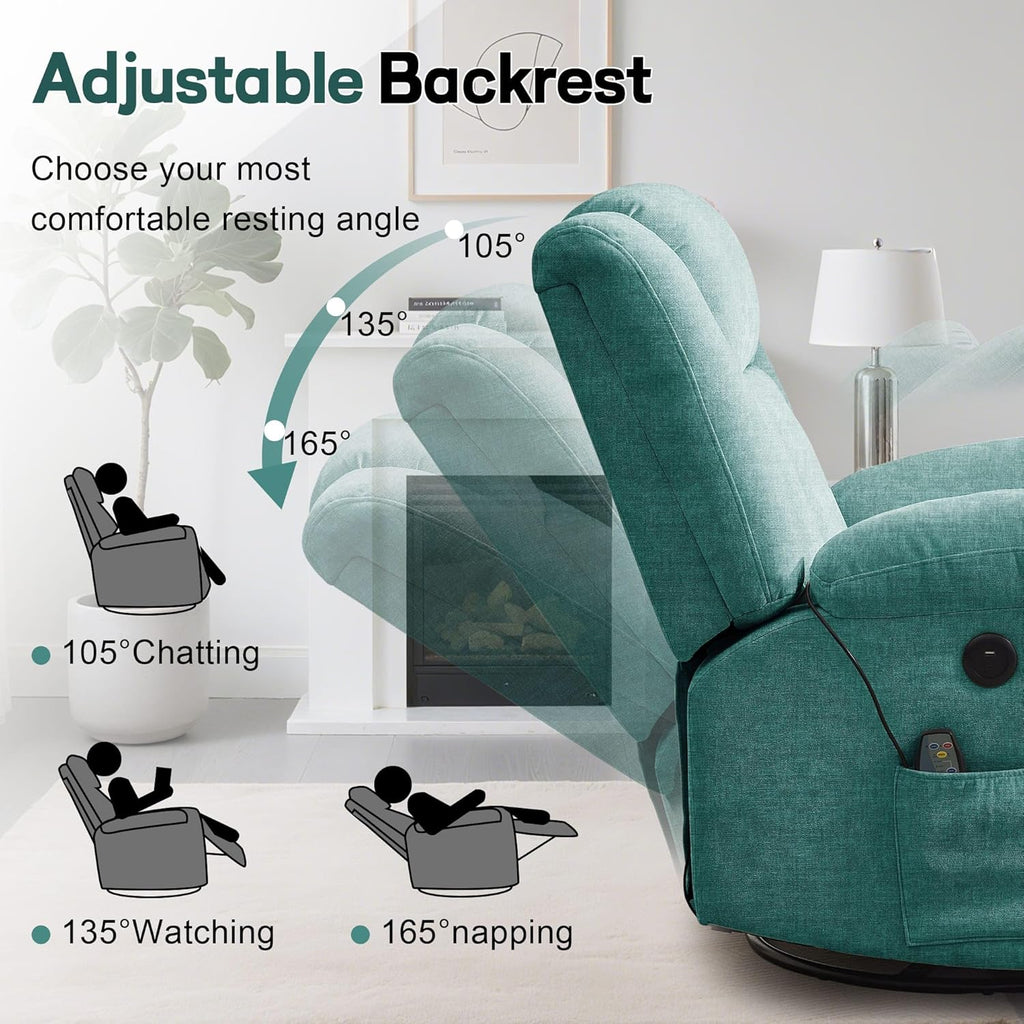 Rocker Recliner, Glider Recliner Chairs for Adults, 360° Swivel Rocking Chair with Massage and Heating, Nursery Chair with Storage and USB Charging for Living Room, Bedroom, Nursery wourant