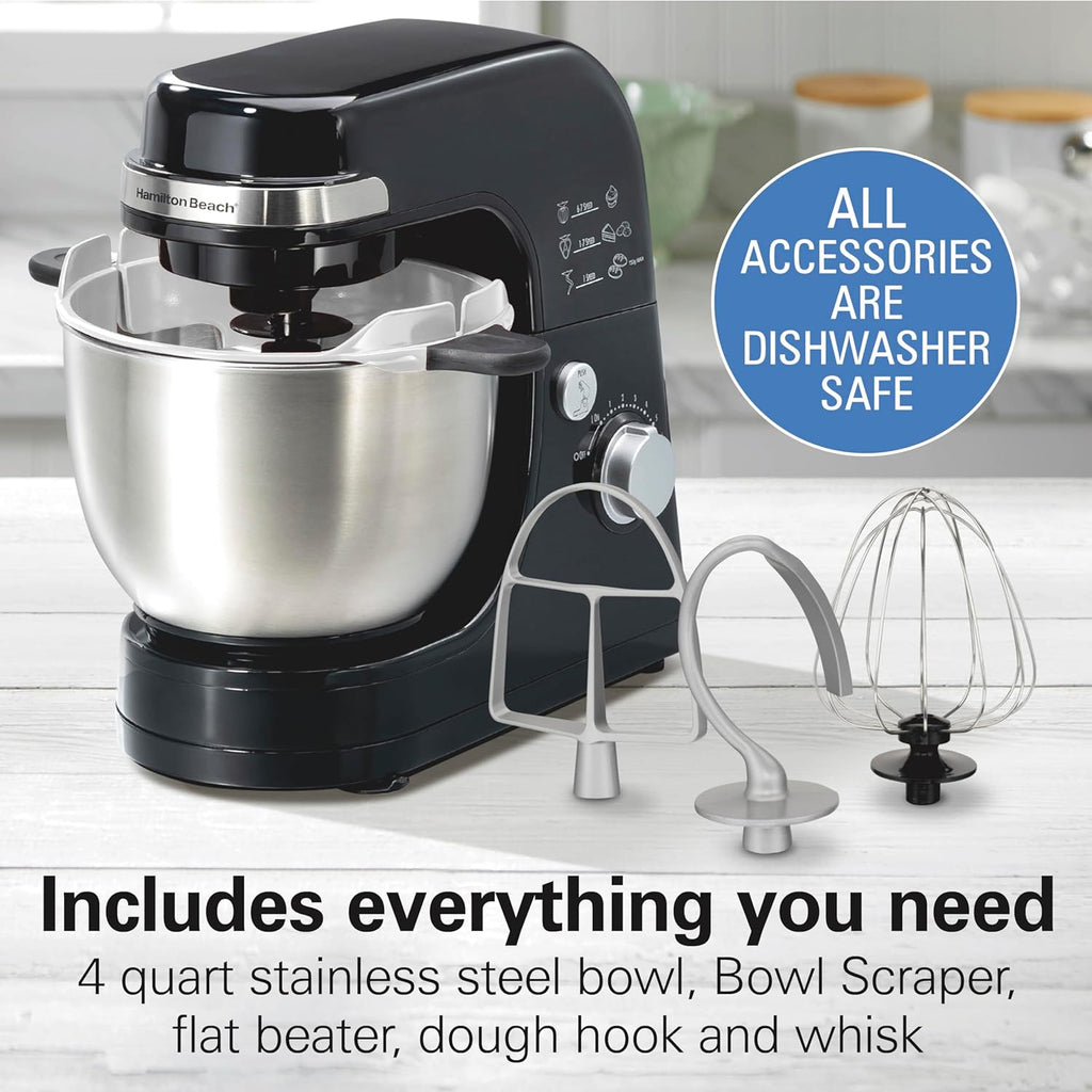 Hamilton Beach Electric Stand Mixer, 4 Quarts, Dough Hook, Flat Beater Attachments, Splash Guard 7 Speeds with Whisk, Black wourant