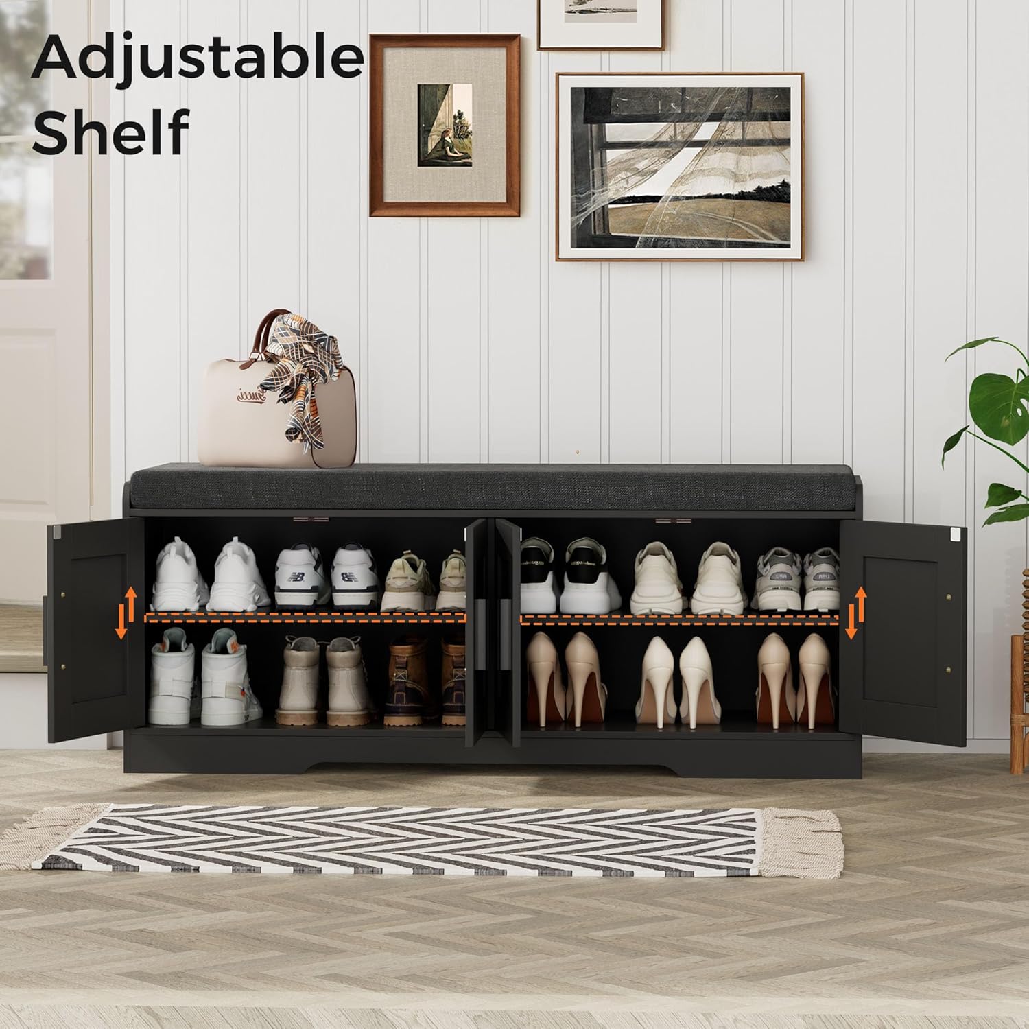 2-Tier Storage Bench, Shoe Bench with Thickened Padded Seat Cushion, Entryway Bench with 4 Doors, Adjustable Shelf, 13.8" D x 45.3" W x 18.5" H, for Entryway, Living Room, Bedroom, White wourant