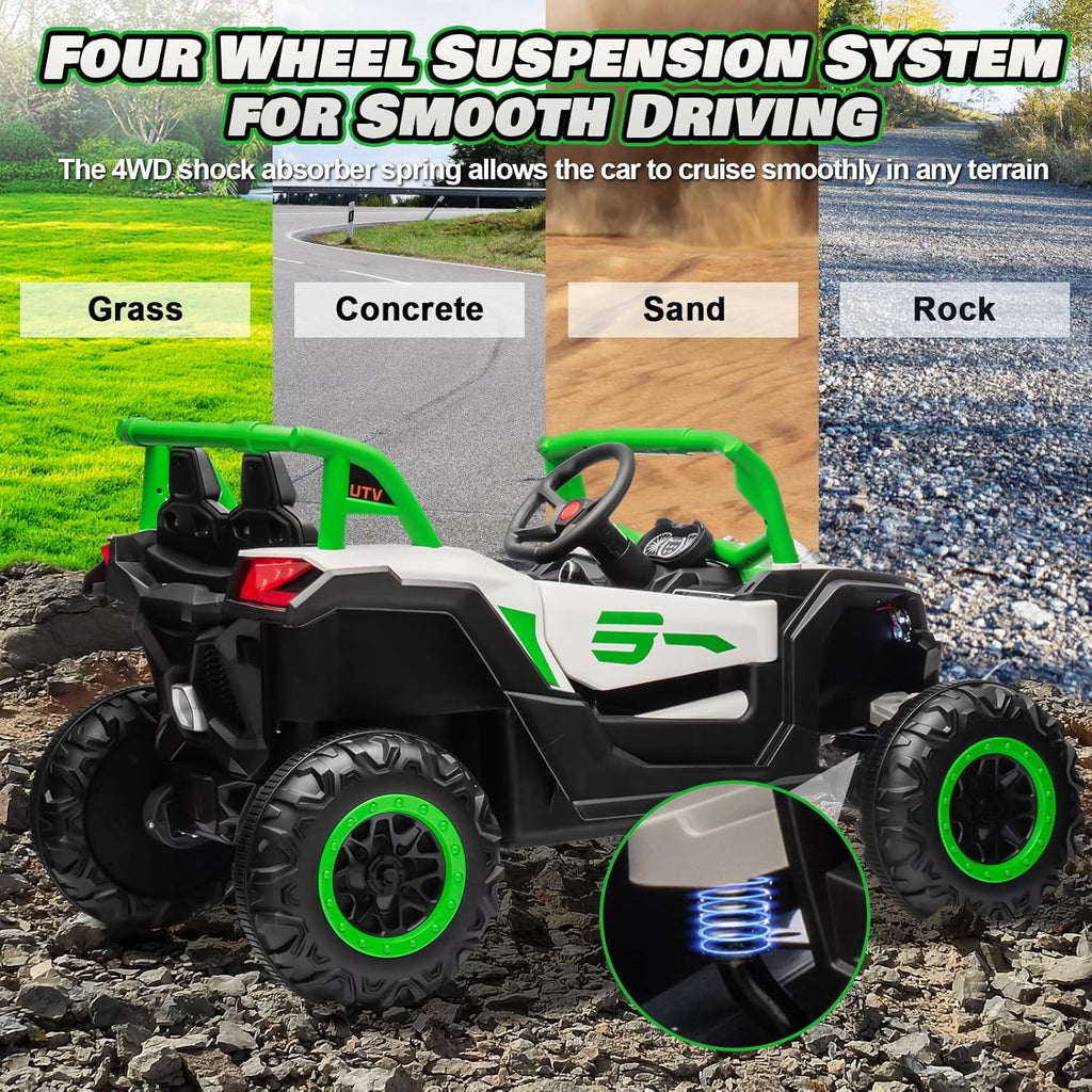 JOYRACER Kids Remote Control Car with 4 x 150W Motors, Shock Absorbers, Bluetooth, MP3 Player, and Headlights wourant