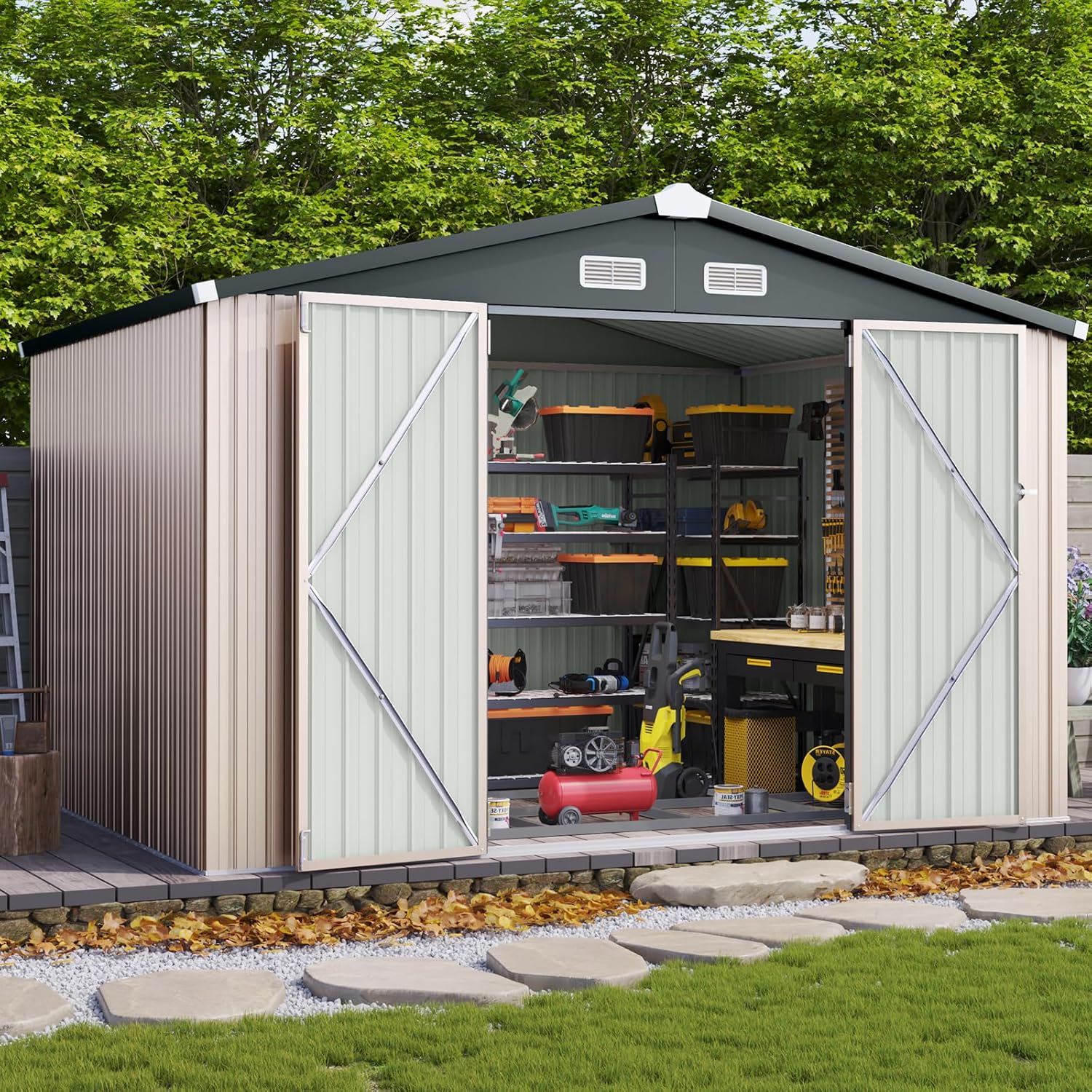 Aoxun 10 x 12 ft Outdoor Storage Shed with Double Hinged Door Utility Garden Shed wourant
