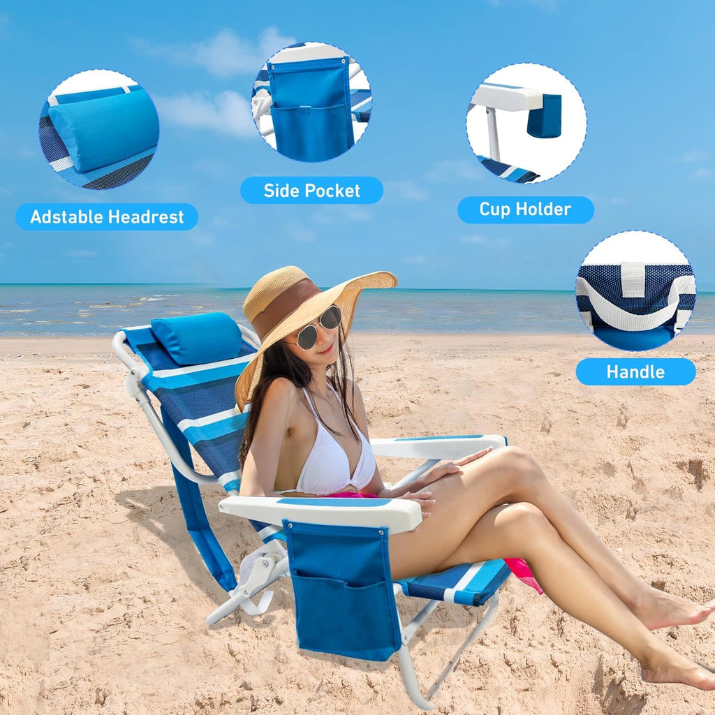 Beach Chair 2 Pack 5 Positions Textilene Folding Reclining Beach Chair with Backpack Straps Cooler Bag & Cup Holder for Outdoor Lawn Camping wourant