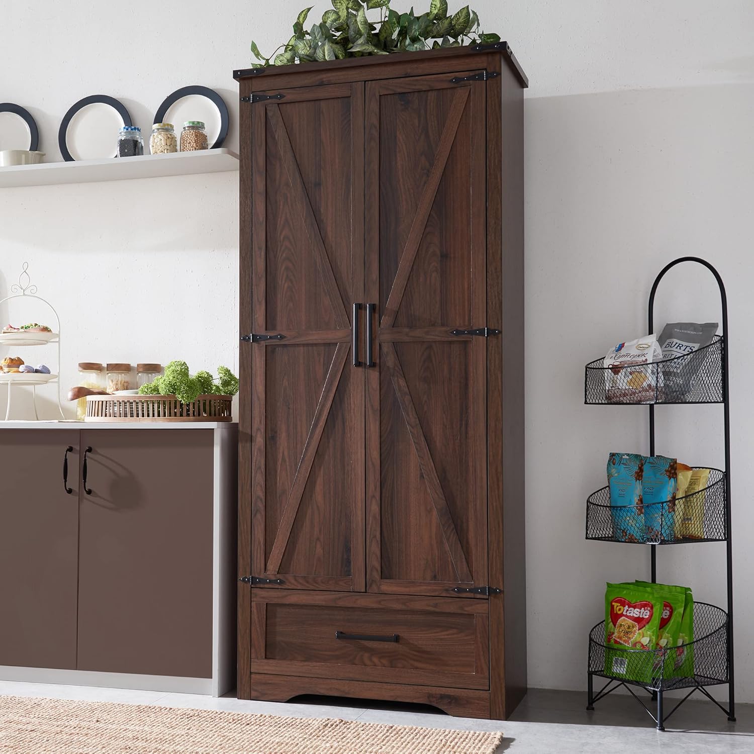 JXQTLINGMU Farmhouse Kitchen Pantry Cabinet - 72" Tall Wood Kitchen Storage Cabinets with Adjustable Shelves & 2 Barn Style Doors & Drawer, Versatile Storage for Dining Room, Bathroom, Antique White wourant