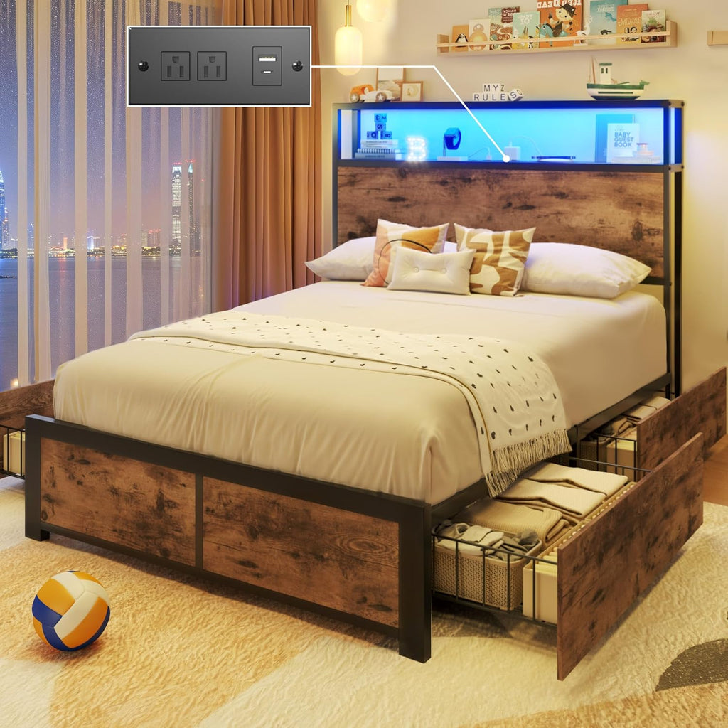 Lifezone Queen Bed Frame with 2-Tier Storage Headboard, Metal Platform Bed Frame with 4 Storage Drawers, Built in Charging Station & LED, Noise-Free/Metal Support/No Box Spring Needed wourant