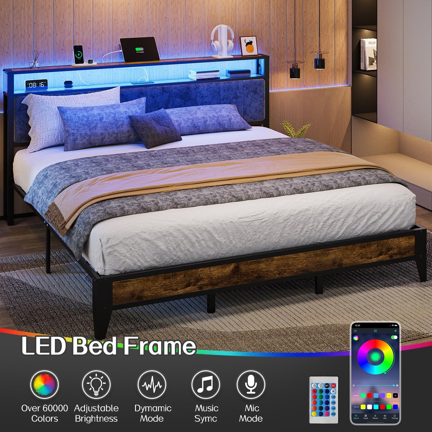 OLEVS Single Bed Frame LED Light Storage Headboard Charging Station Metal Platform Bed wourant