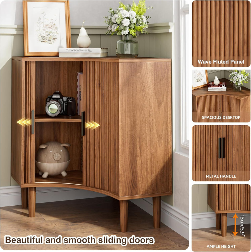 Fluted corner cabinet, small corner base cabinet modern wooden storage organizer wourant