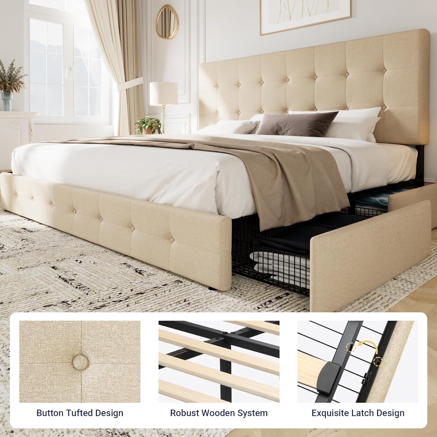 Allewie Upholstered Queen Size Platform Bed Frame with 4 Storage Drawers and Headboard wourant