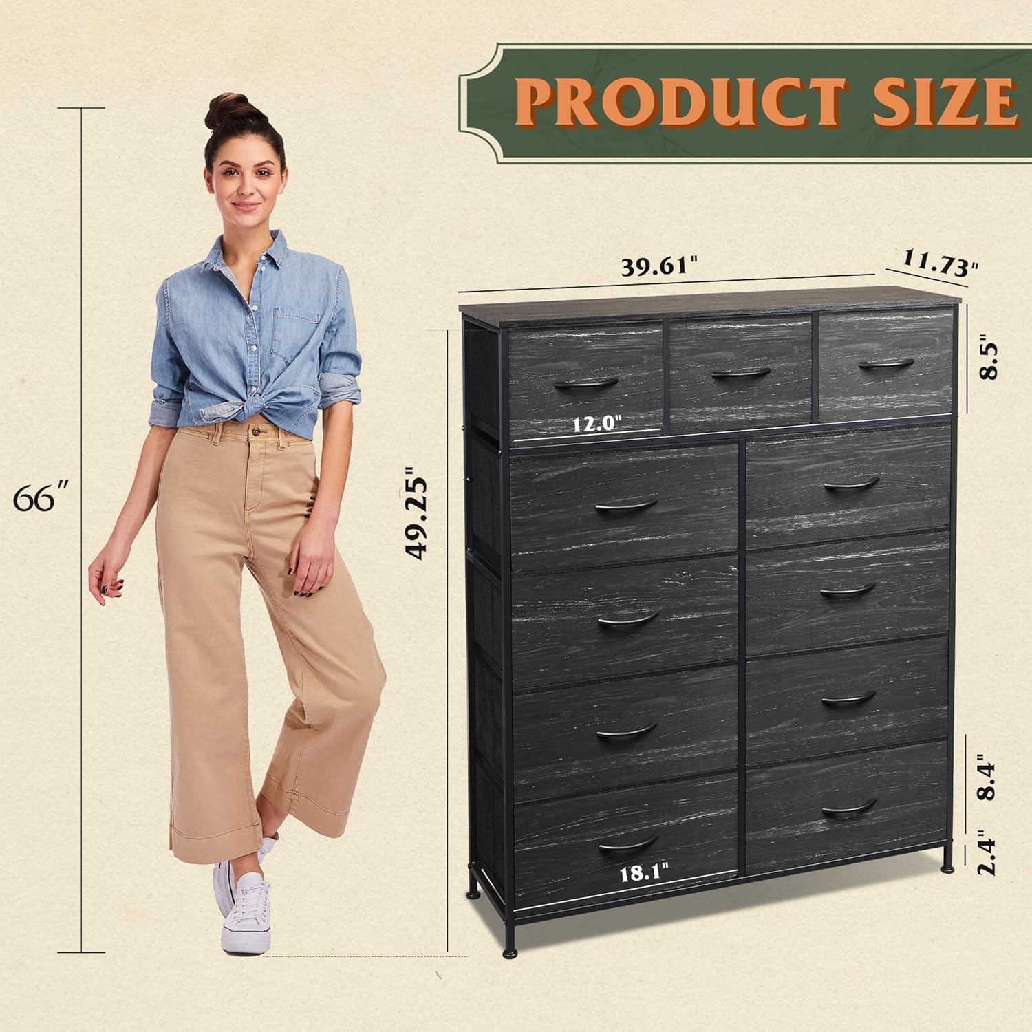 Storage Organizer Unit with 11 Fabric Bins, Storage Drawers Organizer with Steel Frame, Tall Storage Tower Organizaton wourant