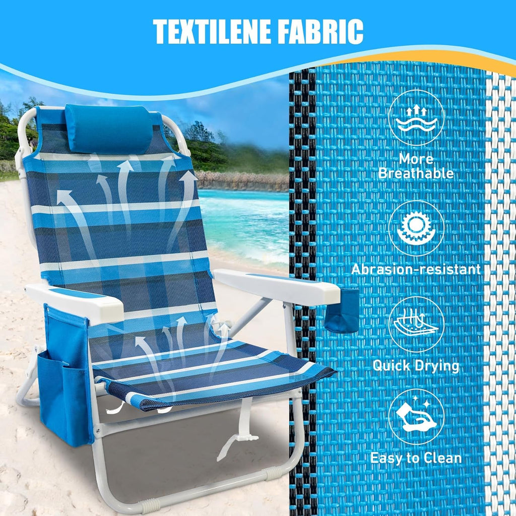 Beach Chair 2 Pack 5 Positions Textilene Folding Reclining Beach Chair with Backpack Straps Cooler Bag & Cup Holder for Outdoor Lawn Camping wourant