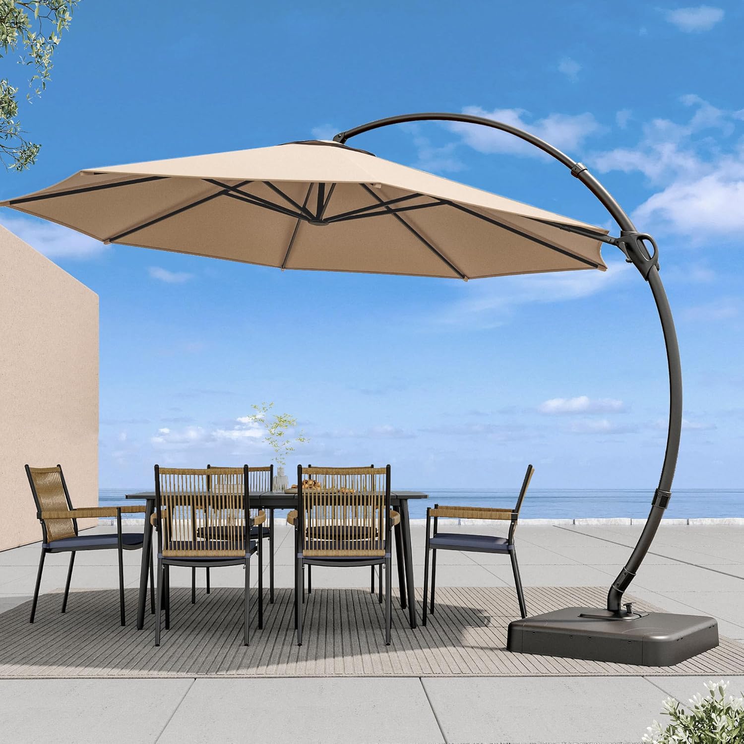 LAUSAINT HOME Outdoor Patio Umbrella with Base included, 11 FT Deluxe Curvy Cantilever Umbrella Heavy Duty Offset Hanging Umbrella with 360° Rotation for Market, Pool, Garden, Backyard, Deck (Beige) wourant