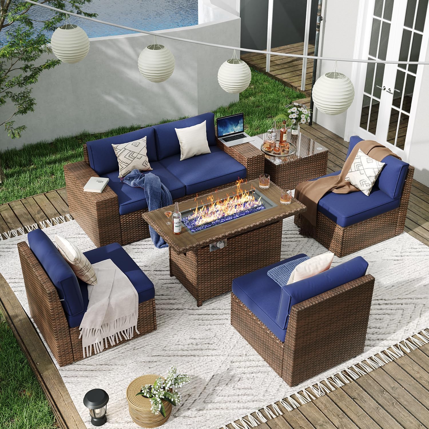 Aoxun 8 Piece Patio Furniture Set with 44?Fire Pit Table Wicker Rattan Outdoor Sectional Sofa Set with Coffee Table and Thickened Cushions, Beige (Waterproof Cover Included) woonhhop
