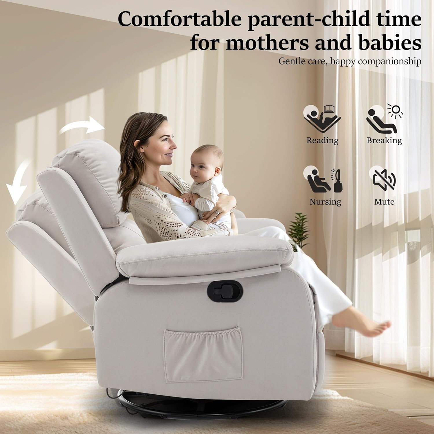 Reclining rocking chair 360 degree rotating fabric sliding reclining chair wourant
