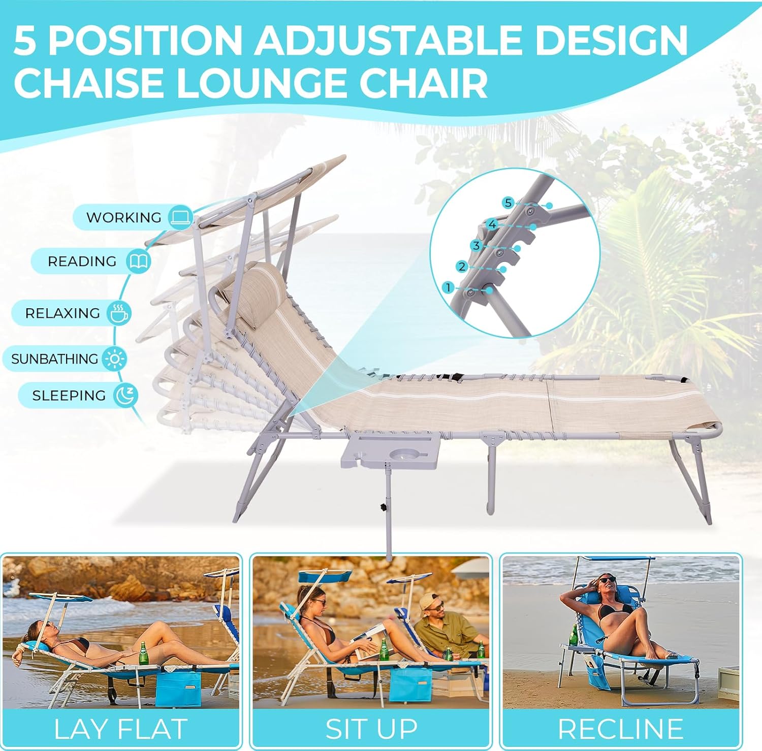 2 Pack Outdoor Chaise Lounge Chair - Portable Folding Patio Pool Lounge Chair, 5 Positions Adjustable Reclining Camping Chair with Side Table,Shoulder Strap, Pillow for Beach Sunbathing Lawn wourant
