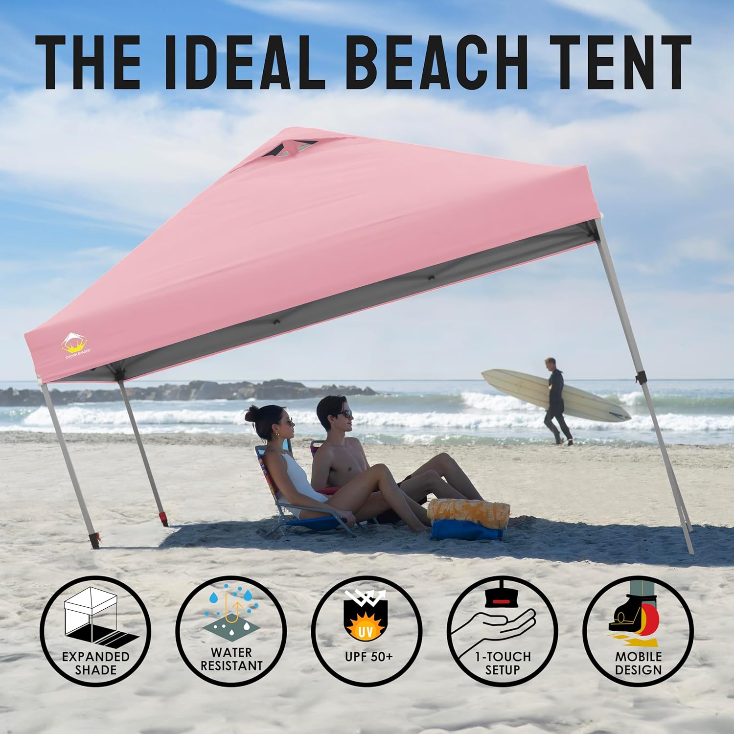 10x10 Pop-Up Awning - One-Click Installation Beach Tent - Outdoor Sunshade Silver Coated Top, 3 Heights and 4 Sand Pockets wourant