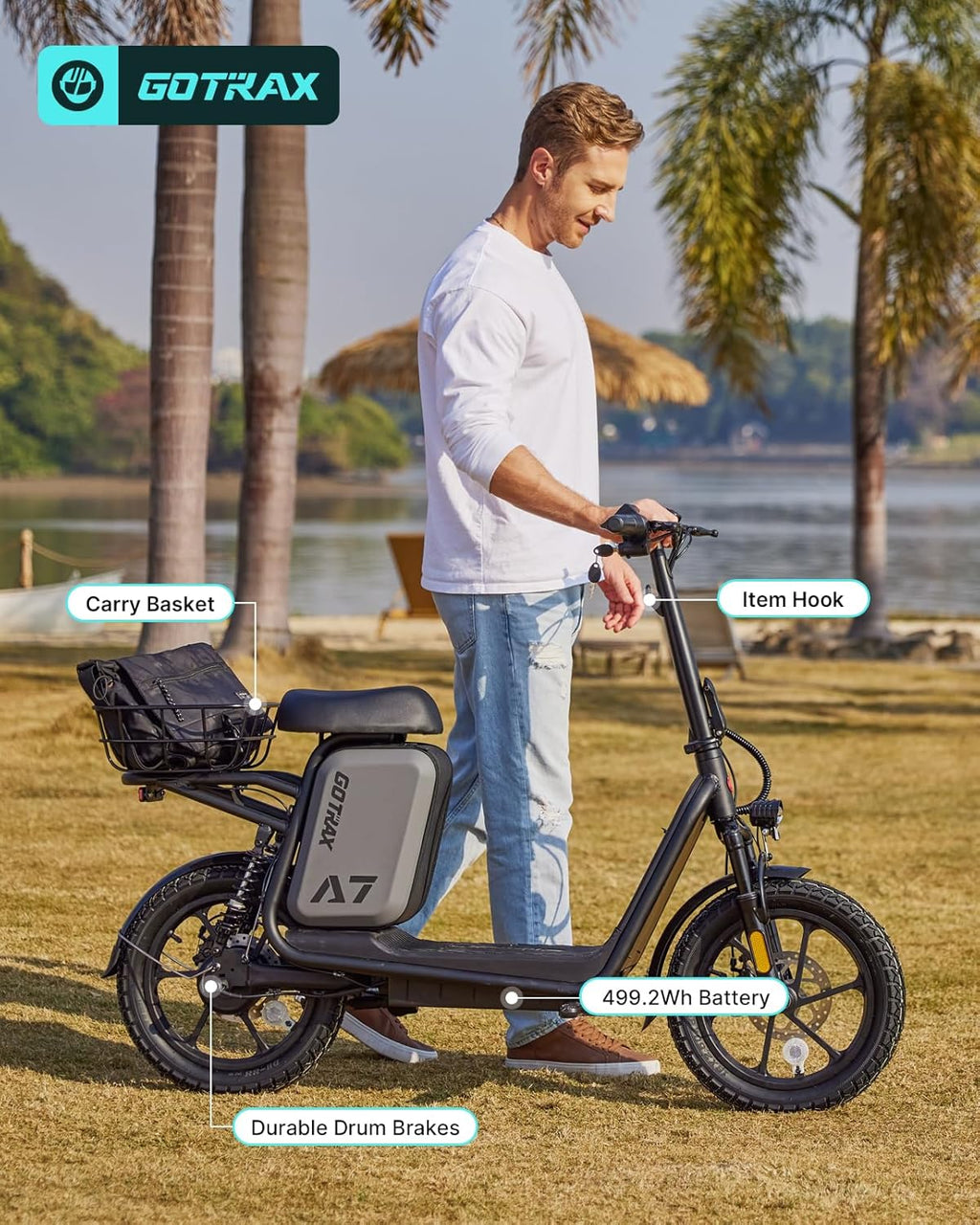 Gotrax adult electric scooter with seat, maximum range of 19-25 miles, all-terrain tires, wide pedals, padded seat, and carrycot wourant