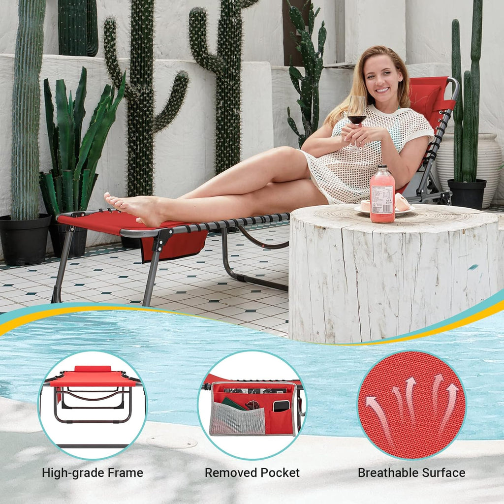 2 Pack Outdoor Chaise Lounge Chair - Portable Folding Patio Pool Lounge Chair, 5 Positions Adjustable Reclining Camping Chair with Side Table,Shoulder Strap, Pillow for Beach Sunbathing Lawn wourant