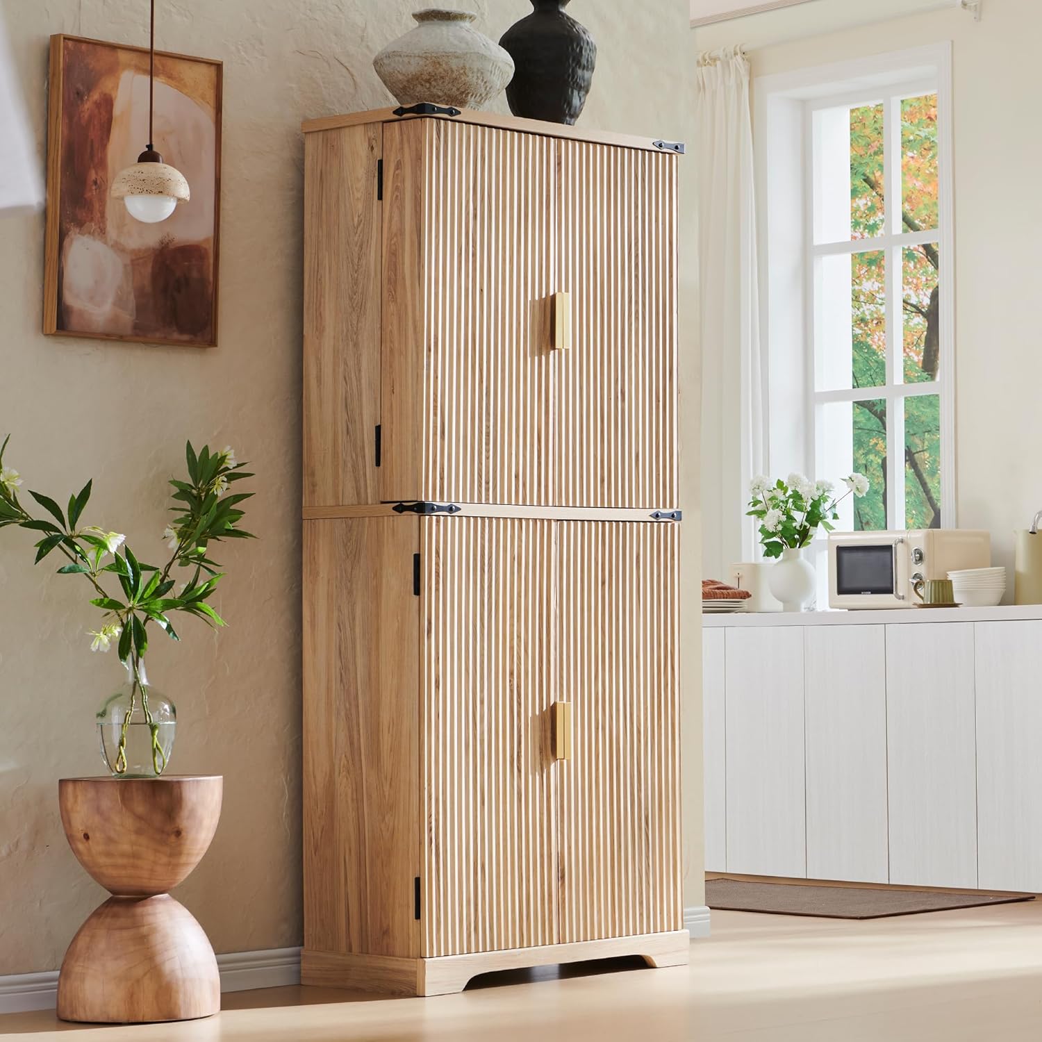 Fluted Pantry Cabinet, 72" Tall Modern Storage Cabinet with 4 Doors, Organizer, Drawer and Adjustable Shelves, Wood Cupboard wourant
