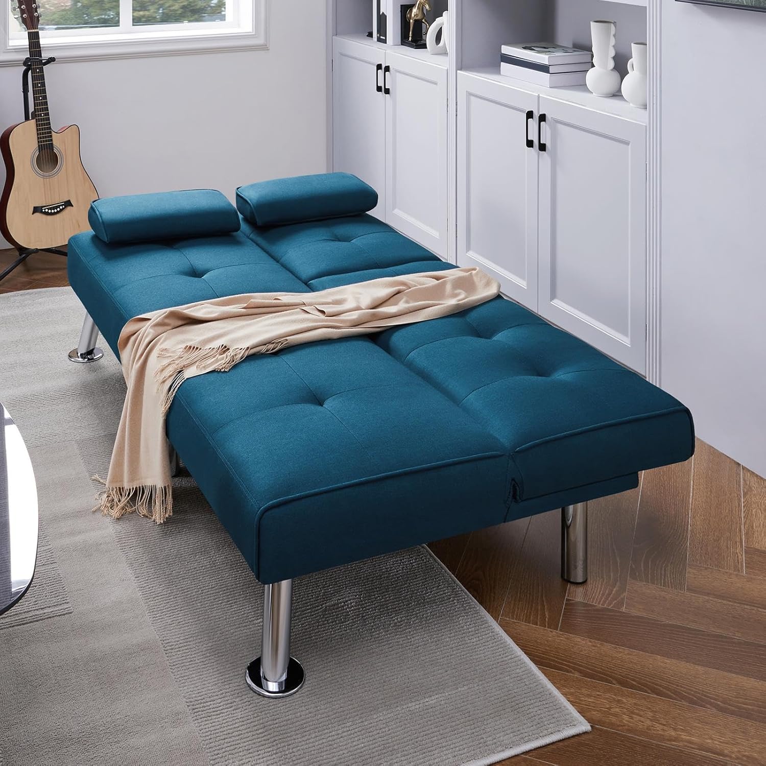 Yaheetech Convertible Sofa Bed Adjustable Couch Sleeper Modern Faux Leather Home Recliner Reversible Loveseat Folding Daybed Guest Bed, Removable Armrests, Cup Holders, 3 Angles, 772lb Capacity, Brown wourant
