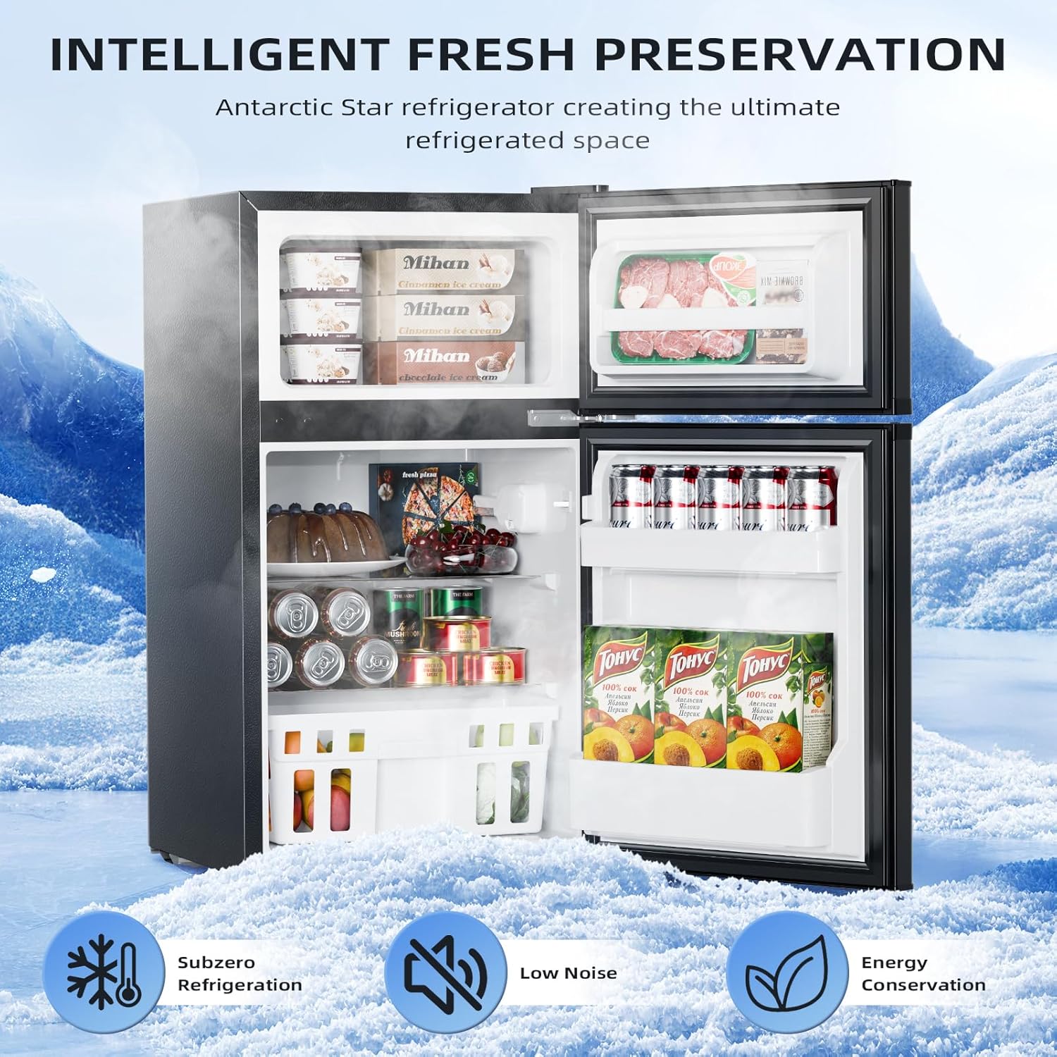 Antarctic Star 3.2 Cu.Ft,Mini Refrigerator with Freezer,Double Door Mini Fridge,Compact Refrigerator,Adjustable Thermostat,Mini Refrigerator for Bedroom/Office/Dorm/Kitchen(BLACK) wourant