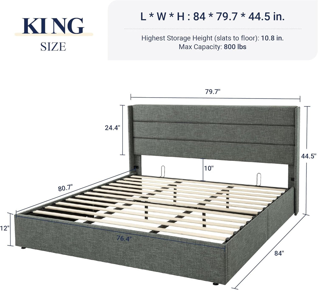 Allewie Queen Size Lift Up Storage Bed Modern Wingback Headboard Hydraulic Support wourant