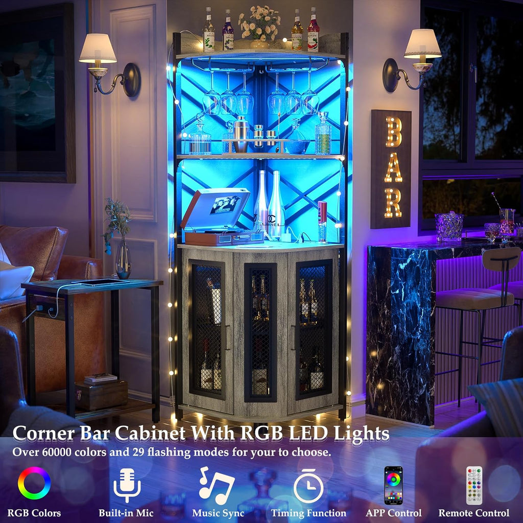 Aheaplus Corner Bar Cabinet with Power Outlet, Industrial Wine Cabinet with LED Strip and Glass Holder, 5-Tiers Liquor Cabinet Bar Unit for Home, Corner Display Cabinet for Small Space, White Oak wourant