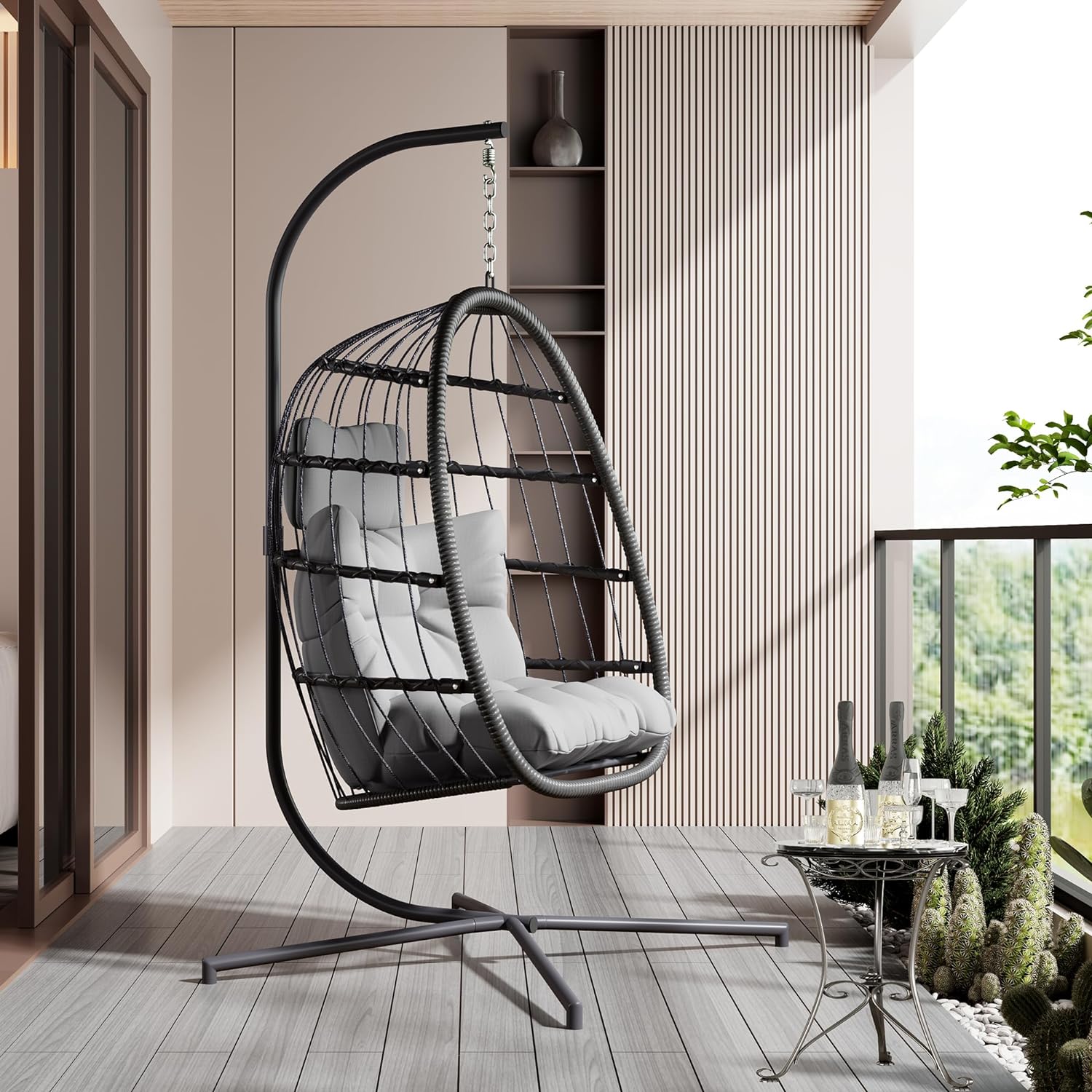 HWB Hanging Egg Chair Patio Wicker Hammock Egg Swing Chair with Cushion for Bedroom wourant