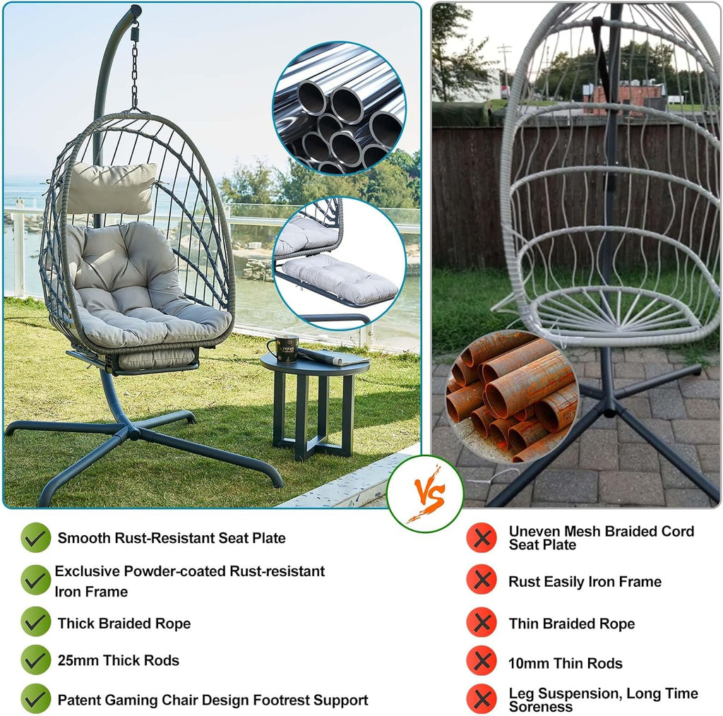 Hanging Egg Chair Stand Leg Rest Rattan Wicker Swing Hammock Chair UV-Resistant Cushion wourant