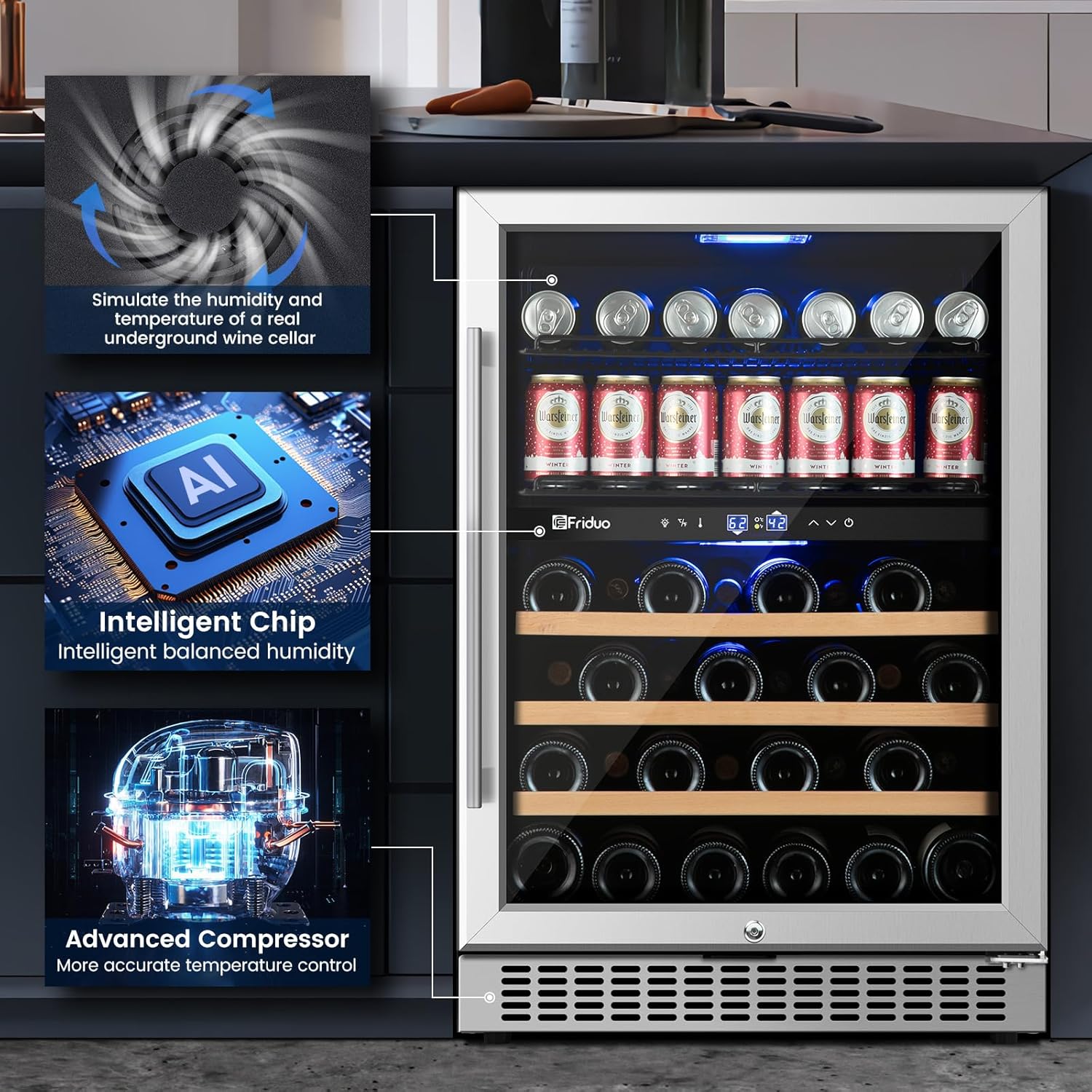 24 inch Dual Zone Beverage Refrigerator, 30 Bottles & 82 Cans Wine Fridge Built-in or Freestanding with Glass Door, Wine and Beverage Refrigerator Cooler for Kitchen Home Bar wourant