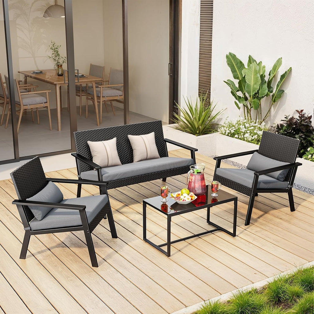 Ahomly 4-Piece Outdoor Wicker Patio Furniture Set with Deep Seating Cushions and Table for Balcony, Backyard, and Porch (Gray) wourant