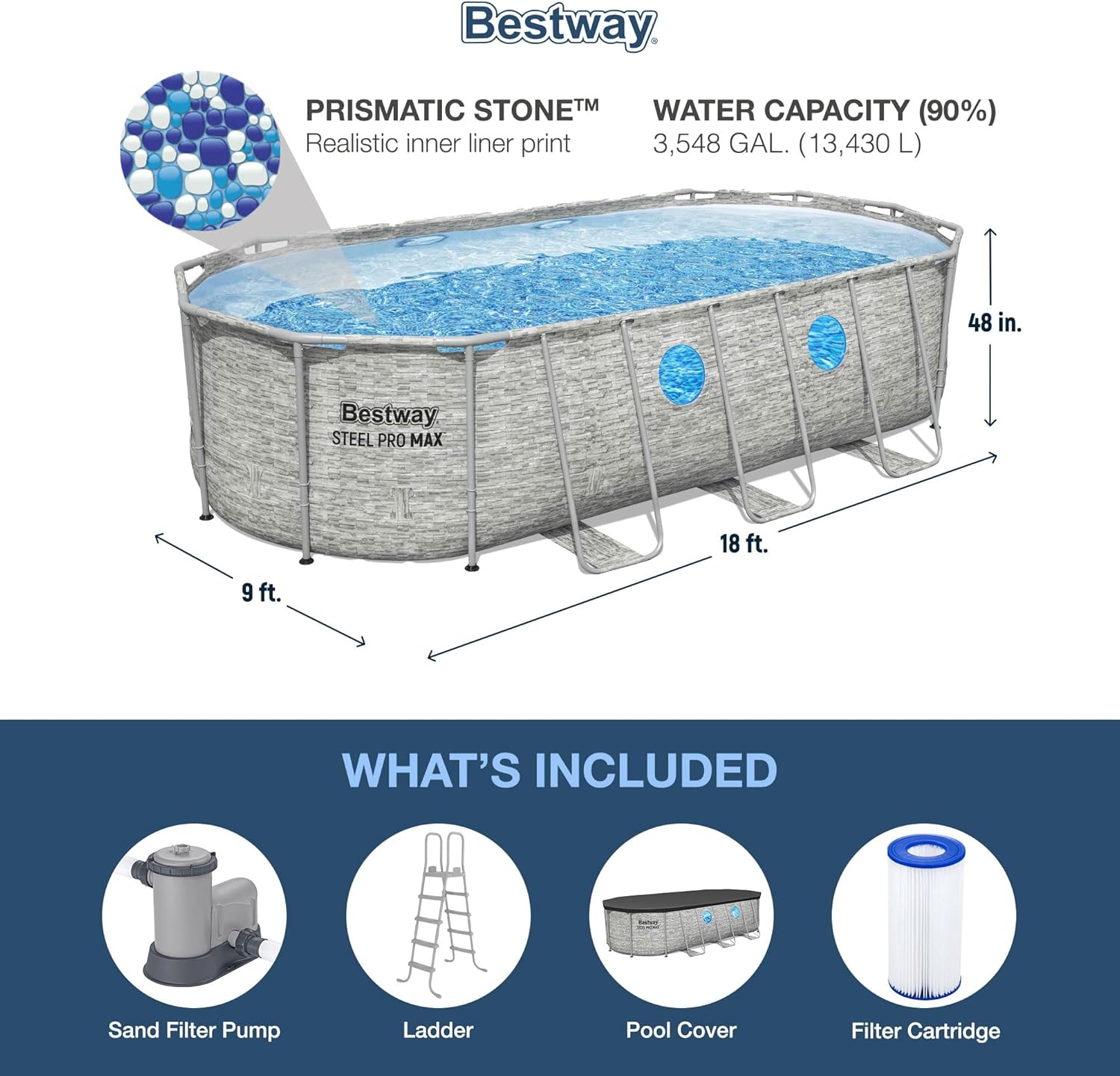 Power Steel Swim Vista Series II 14' x 8' 2" x 39.5" Above Ground Outdoor Swimming Pool Set with 530 GPH Filter Pump, Ladder, and Pool Cover wourant