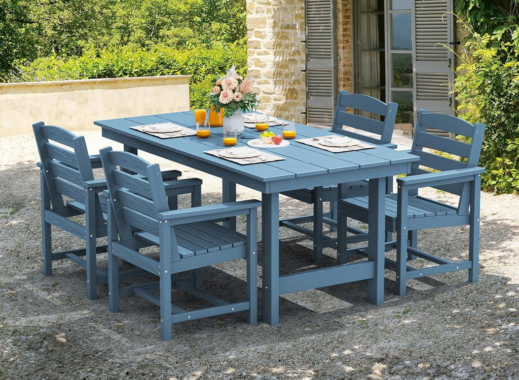 Outdoor HDPE Dining Table Set, 7-Piece Outdoor Dining Table Sets with Umbrella Hole Cut-Out Table and 6 Chairs wourant